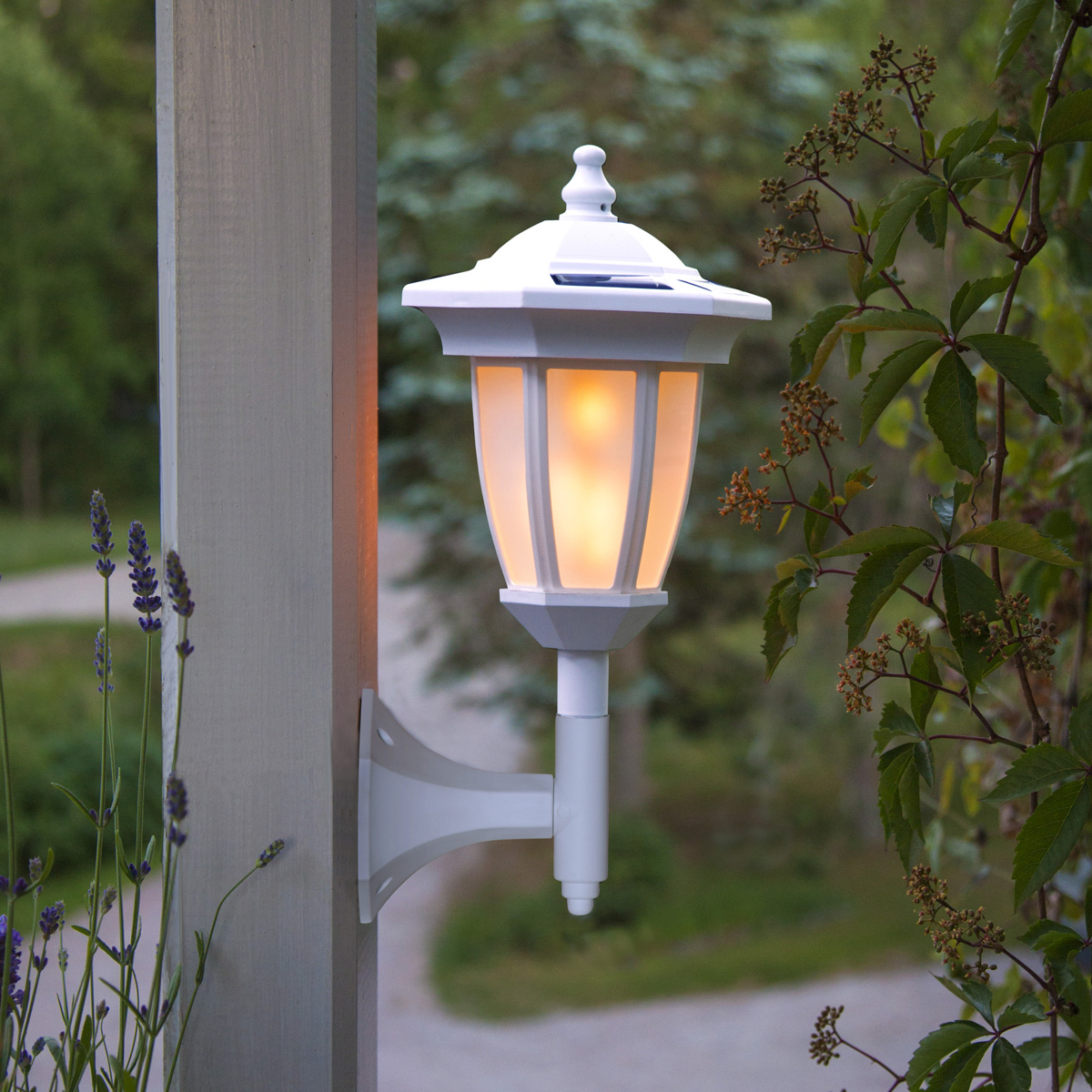 LED Solar Laterne "Flame" - 4in1 - Tisch/Boden/Wand - gelbe LED - Dämmerungssensor - weiß