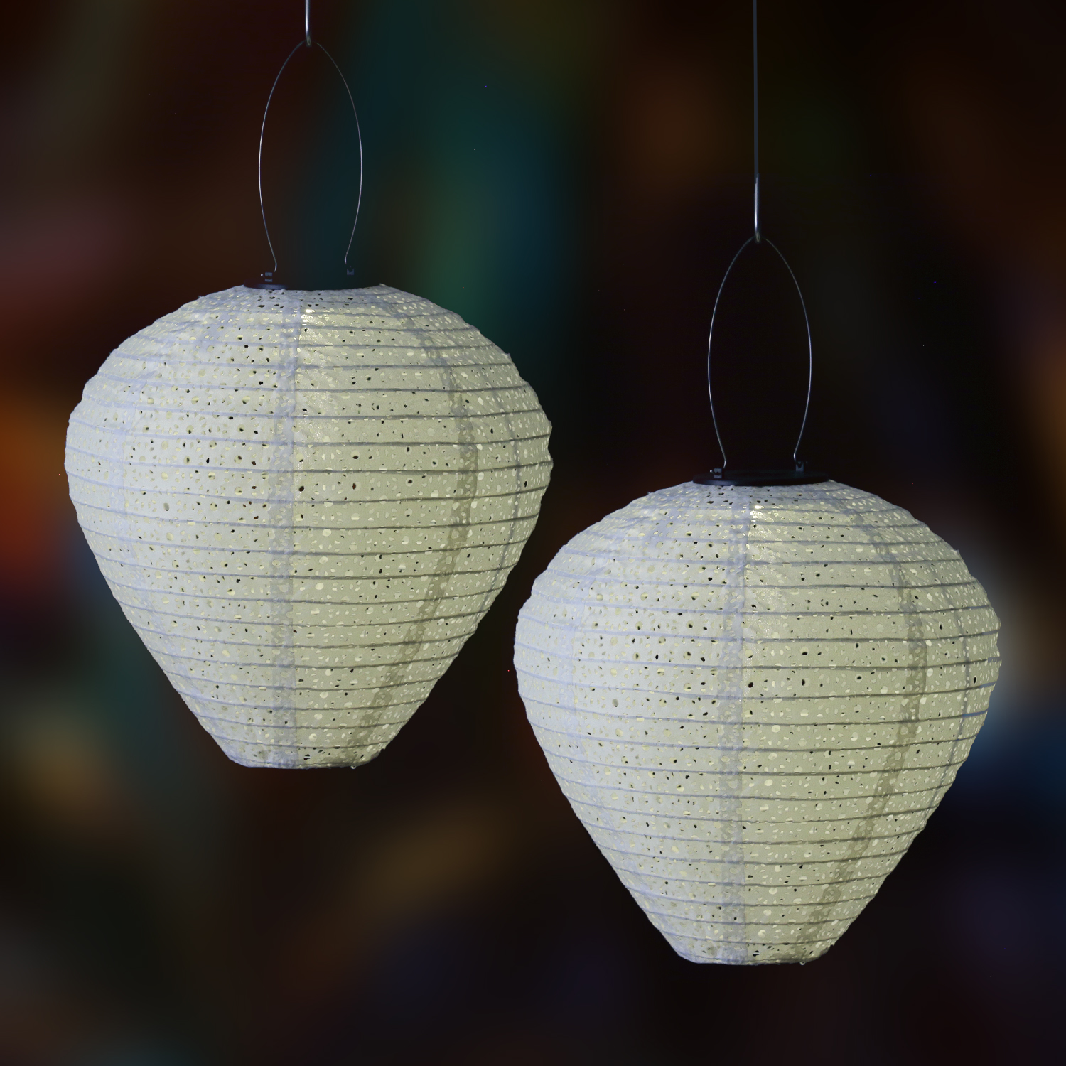 LED Solar Lampion Ballon - Blumenmuster - warmweiß - H: 30cm - D:30cm - Lichtsensor - weiß - 2 Stück