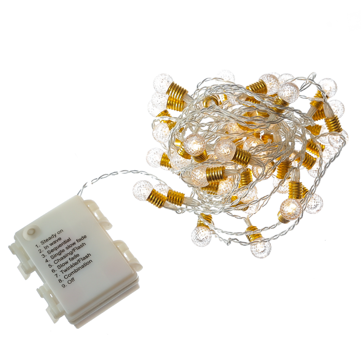 LED Lichterkette VINTAGE - 50 transparente Mini Kristall Kugeln - 8 Funkt. - Timer - 4,9m - Batterie