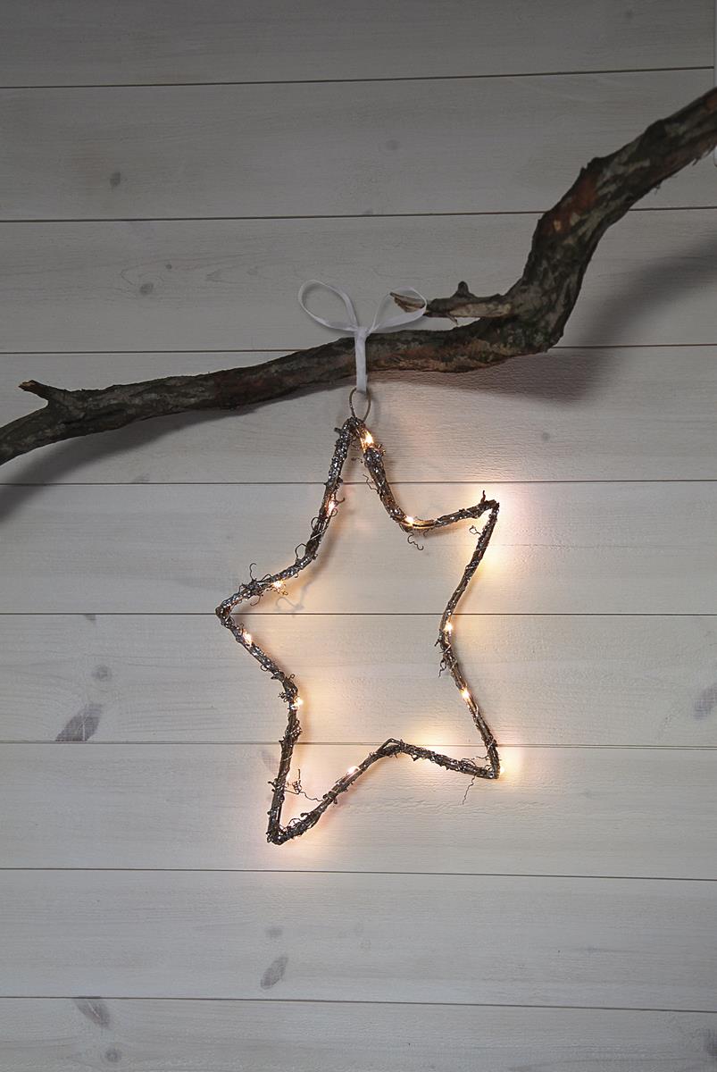 LED Dekostern "Willy" - hängend - 15 warmweiße LED - H: 37cm - Holz/Metal - Batteriebetrieb - braun