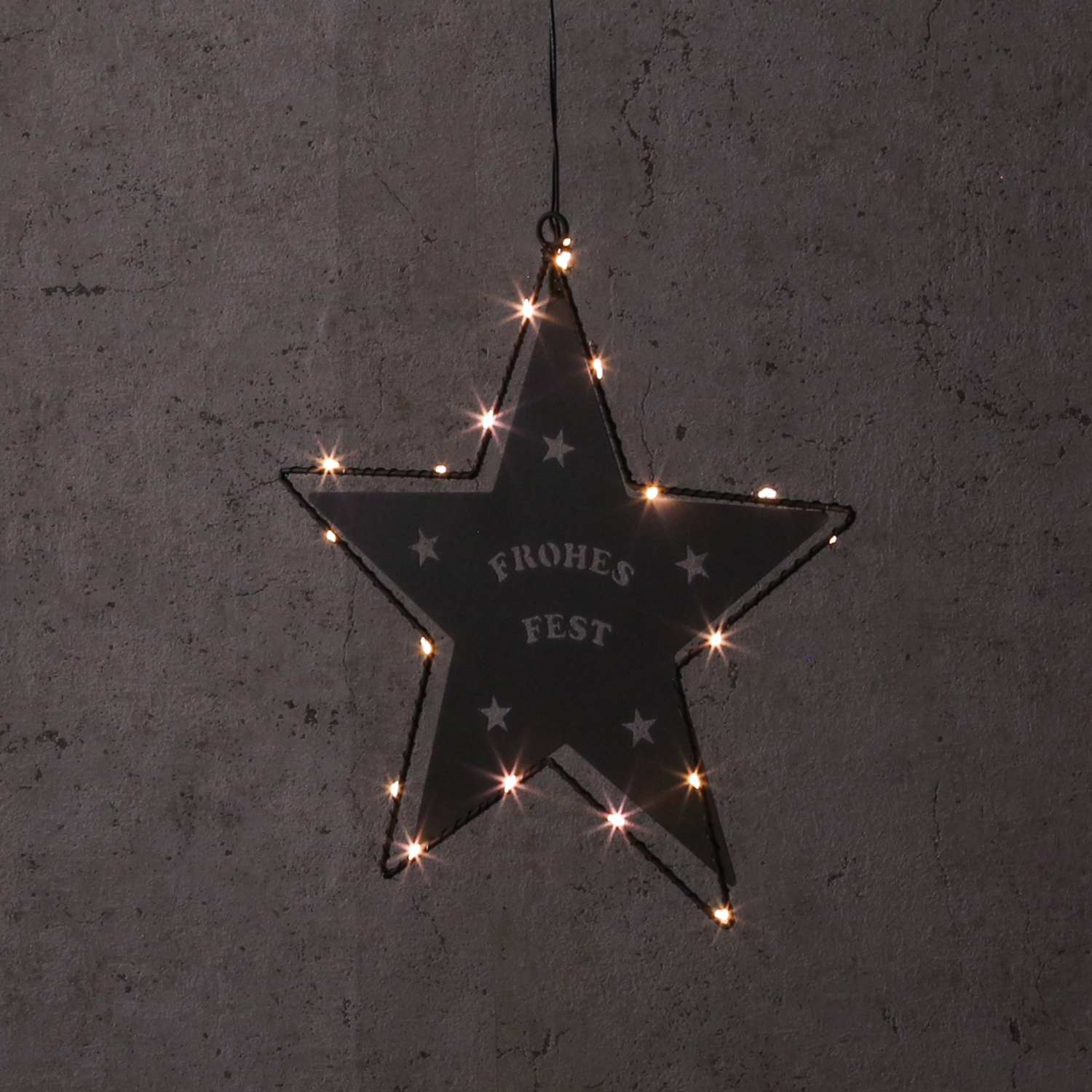 LED Hängestern FROHES FEST - Metallstern - 5-zackig - D: 27cm - 20 LED - Batteriebetrieb - schwarz