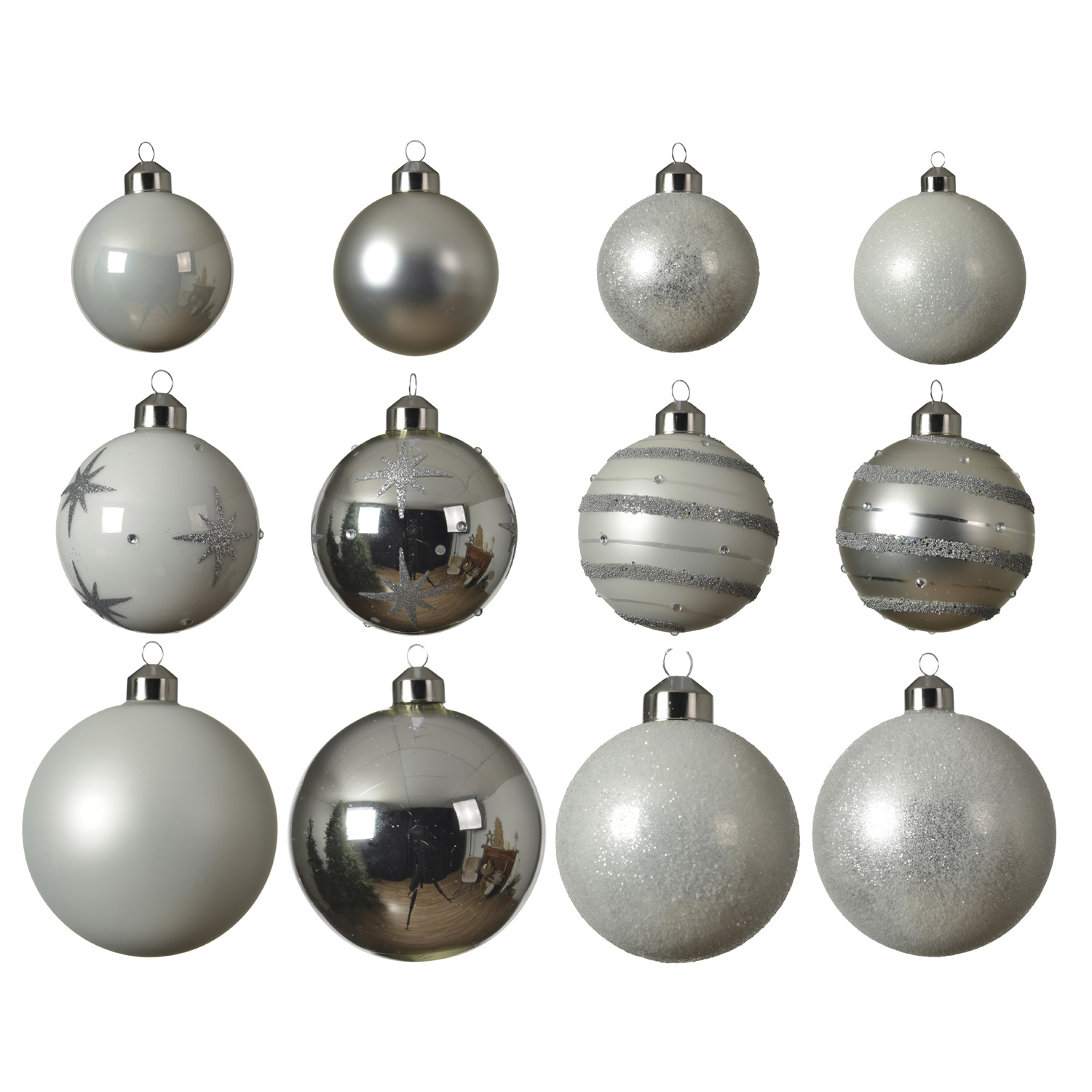 Christbaumkugel - Weihnachtskugel - Glas - 3 Größen - glänzend matt glitzernd - silber weiß - 12St.