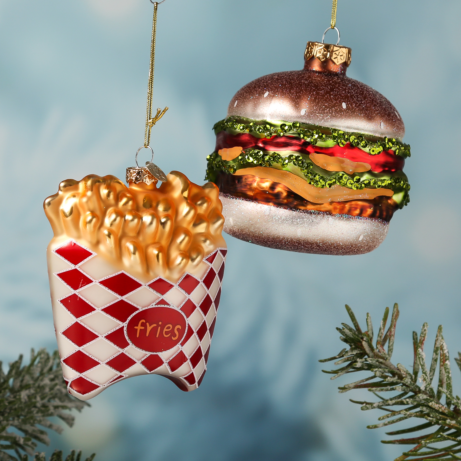 Weihnachtsbaumschmuck HAMBURGER - Glas - inkl. Aufhänger - glitzernd - H: 10,3cm - bunt