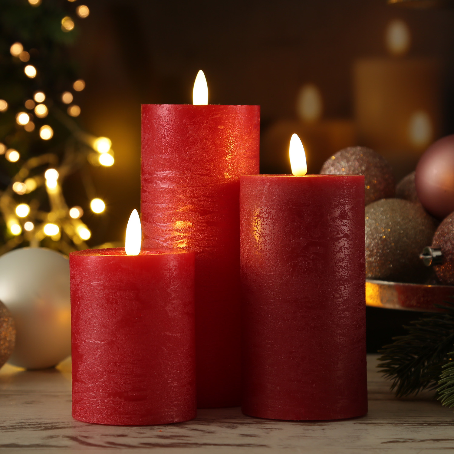 LED Kerzenset LINA - Rustik-Optik - Echtwachs - 3 Größen - D: 7cm - Timer - rot - 3er Set