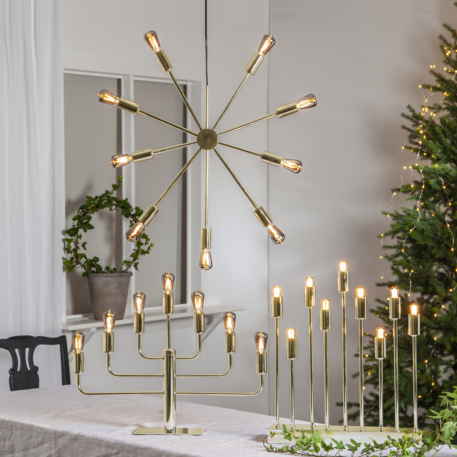 Hängeleuchte/Sternleuchte "PIX" - 9 Sockel - E14 Fassung - H: 56cm, L: 50cm - goldfarben