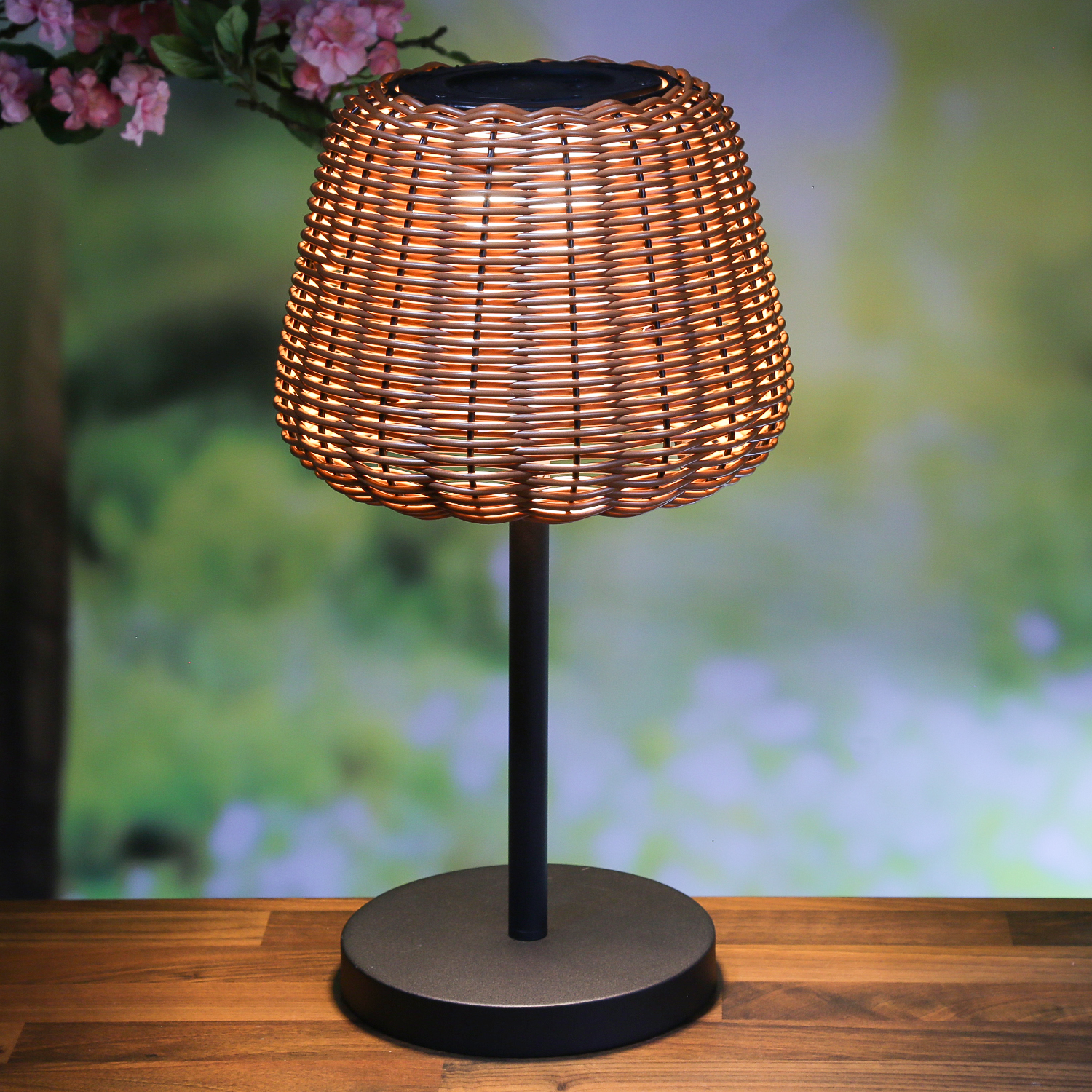 LED Garten Tischleuchte - in Rattanoptik - H: 45cm - dimmbar - aufladbar - mit Fernb. - hell braun