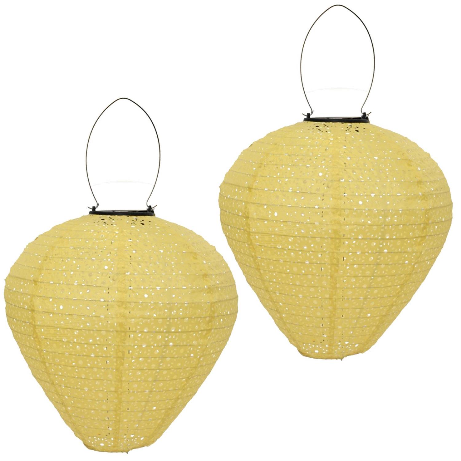 LED Solar Lampion Ballon - mit Blumenmuster - H- 30cm - D- 30cm - Lichtsensor - gelb - 2er Set