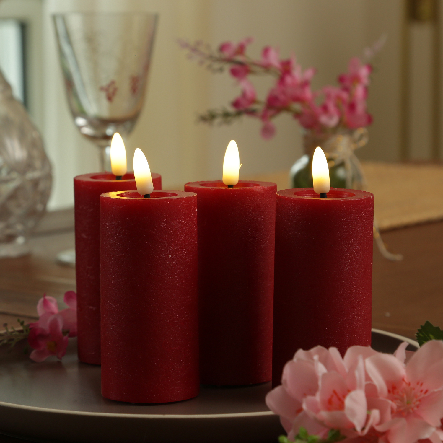 LED Kerze LINA - Rustik-Optik - Echtwachs - 3D Flamme - H: 12,5cm - D: 5cm - Batterie - Timer - rot