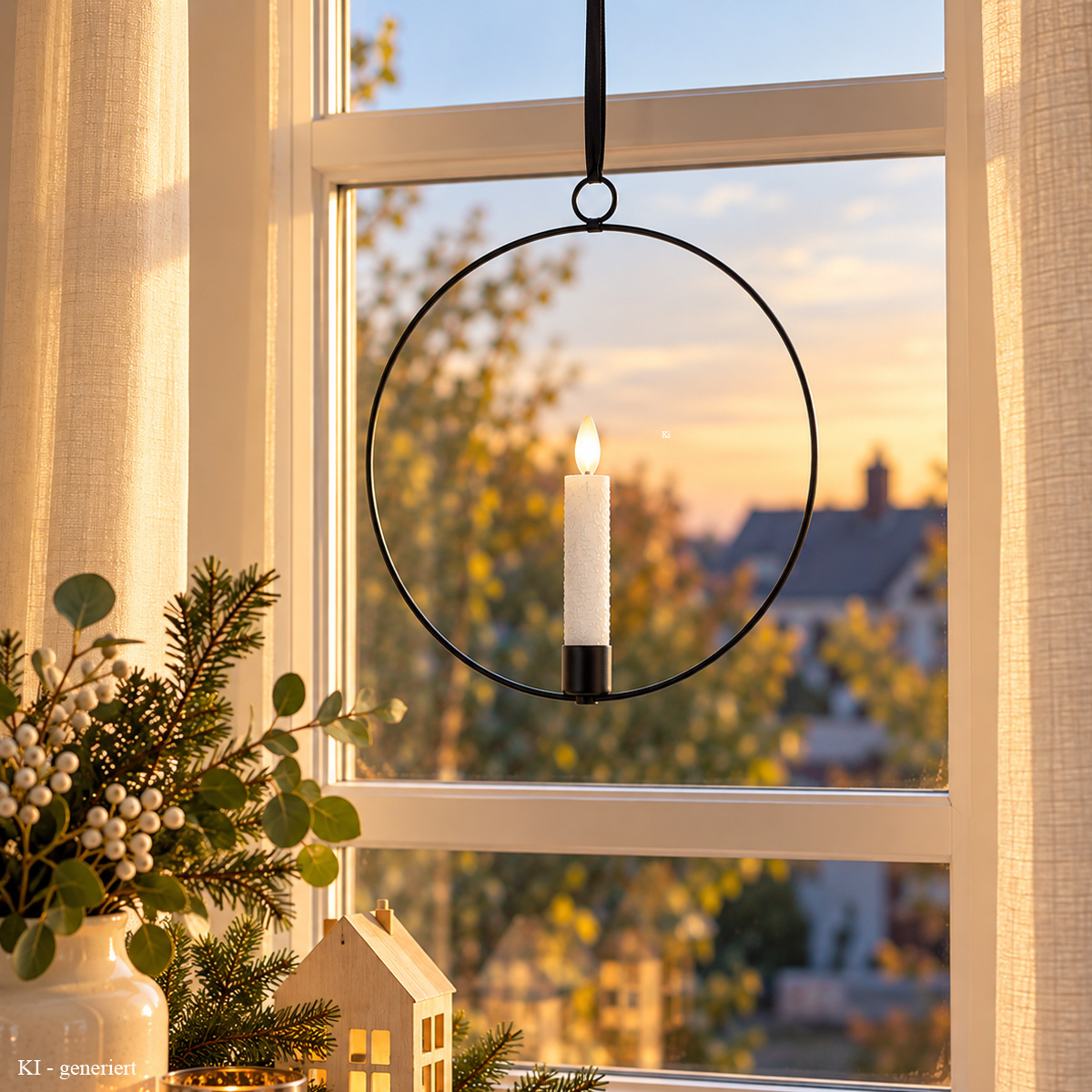 Dekoring mit LED Kerze - Fensterdeko zum Hängen - D- 28-5cm - Timer - Batterie - schwarz