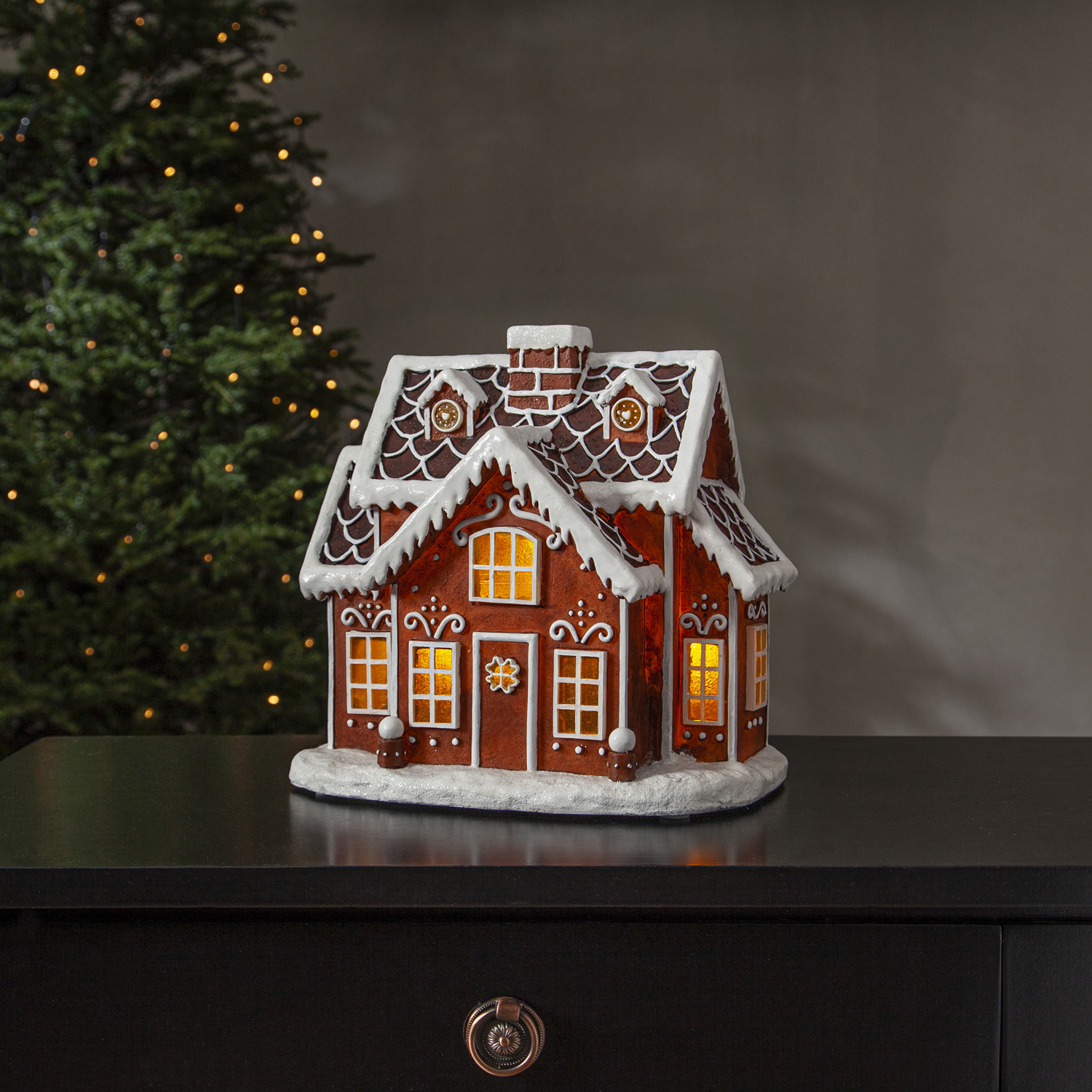 LED Lebkuchenhaus - 3 warmweiße LED - H: 24,5cm - Timer - Batterie oder Trafo - braun