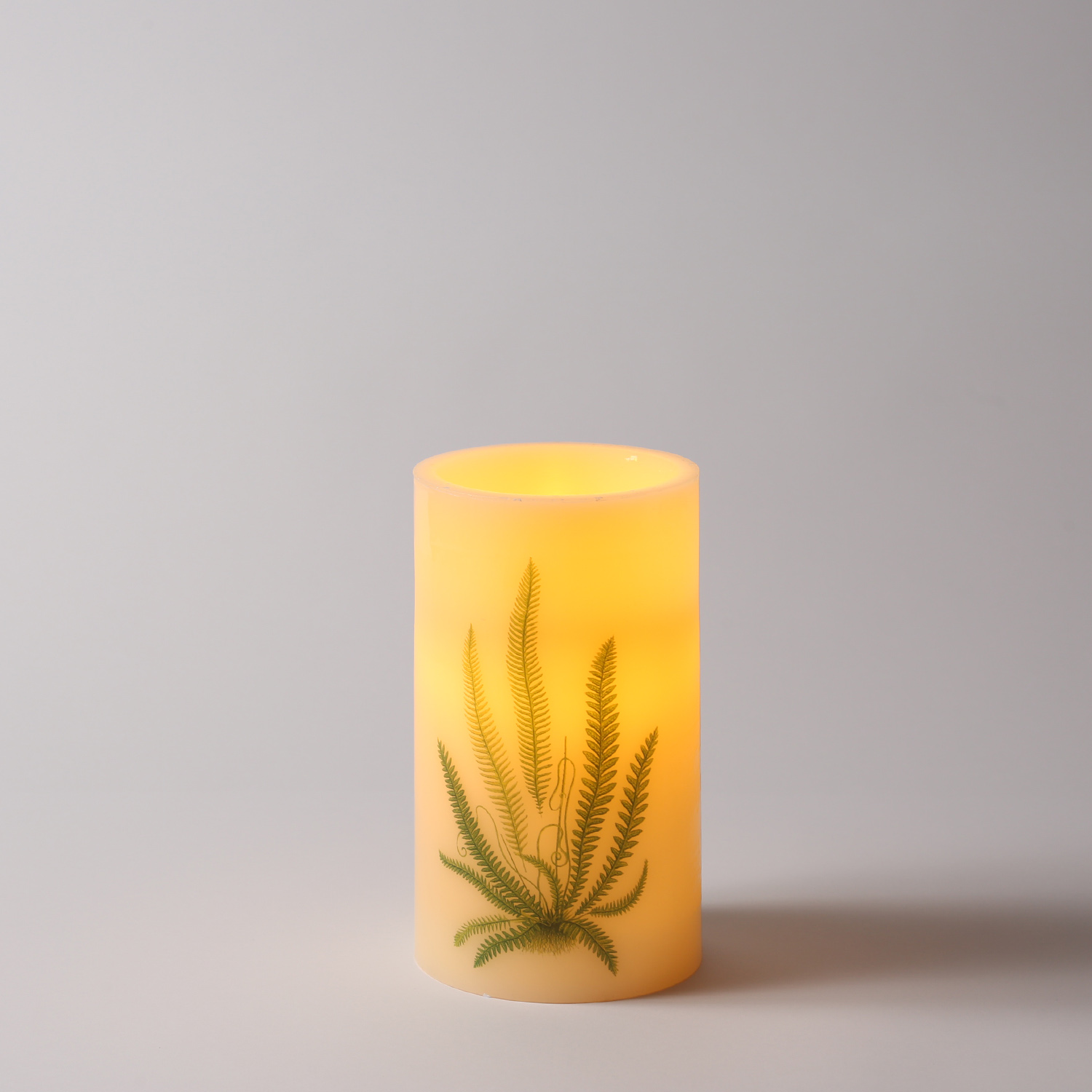 XXL LED Kerze mit Farndruck - Echtwachs - flackernde LED - H: 20cm - D: 12cm - weiß/grün