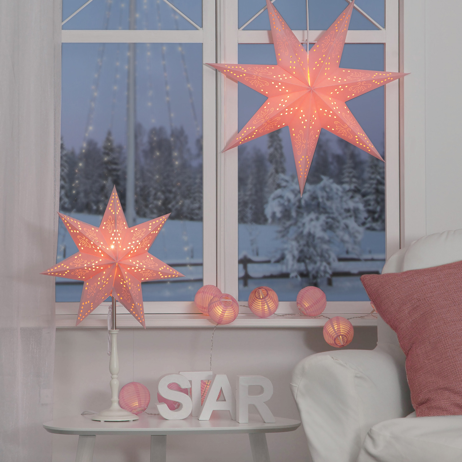 LED Lichterkette "Festival" - 10 rosa Lampions - warmweiße LED - 1,35m - inkl Trafo