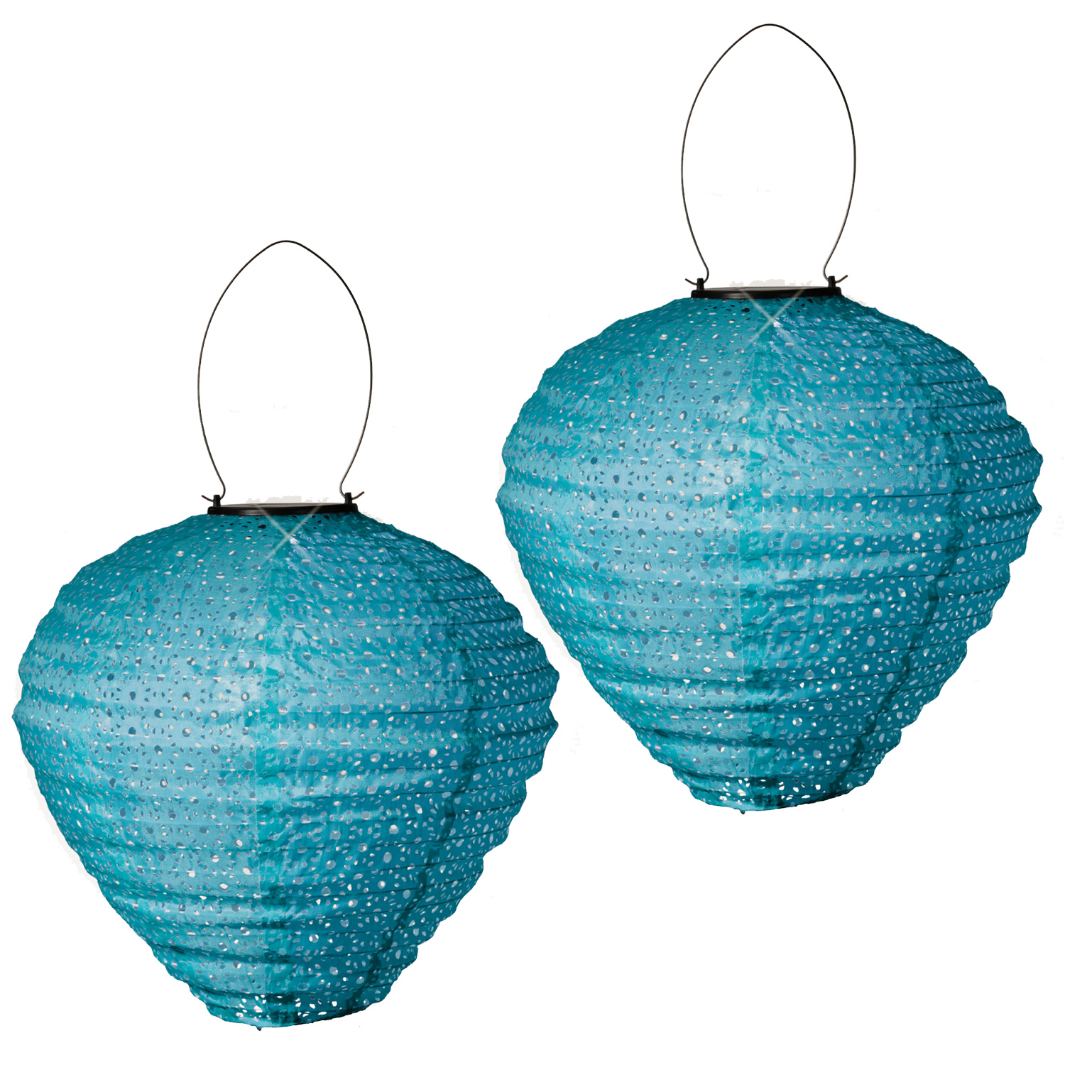 LED Solar Lampion Ballon - mit Blumenmuster - H: 30cm D: 30cm - Lichtsensor - blau - 2er Set