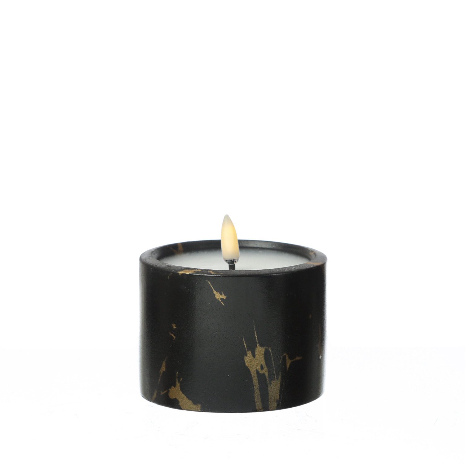 LED Kerze in Marmoroptik - Zement/Wachs - natürliche 3D Flamme - Timer - H: 8,5cm - D: 9cm - schwarz
