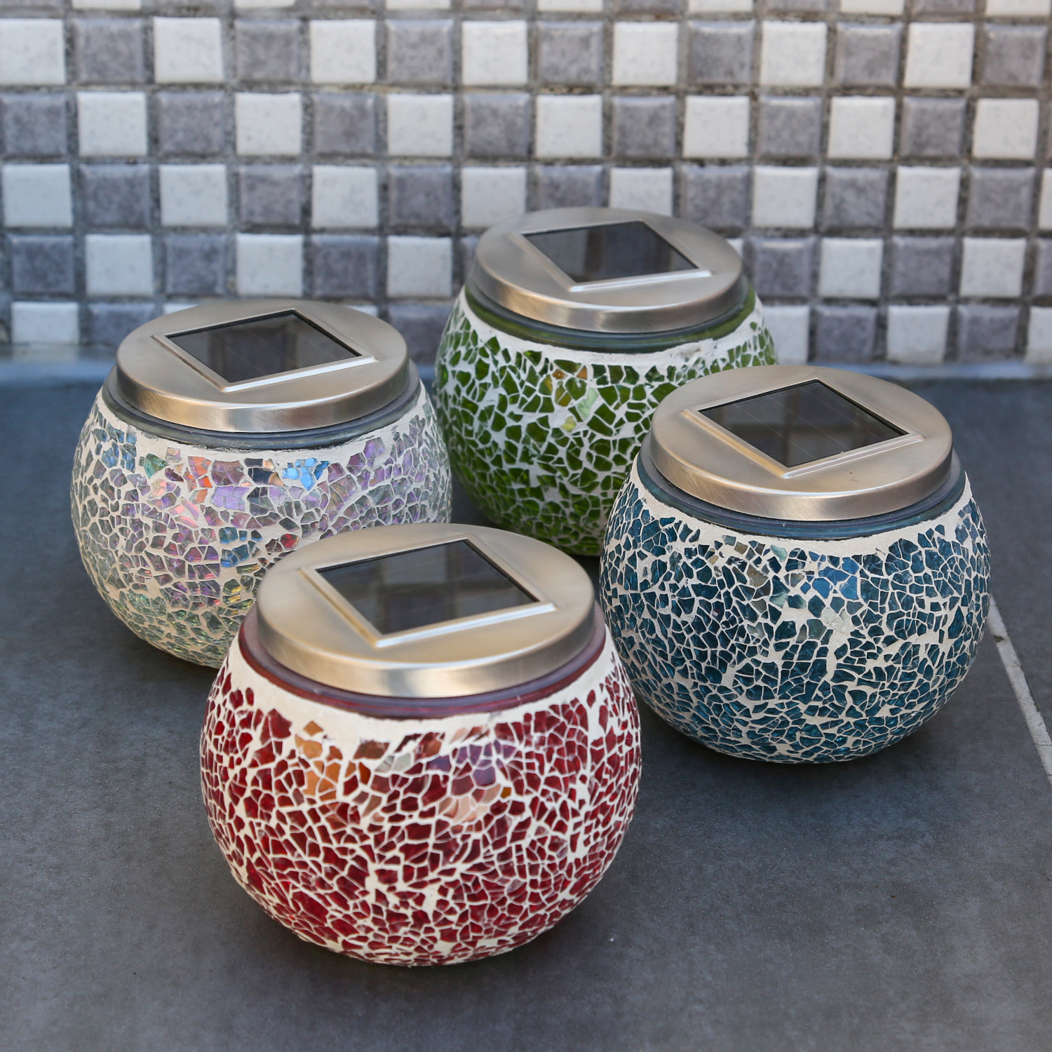 LED Solar Windlicht - Mosaik Glas - Lichtsensor - H: 10cm - Outdoor - blau