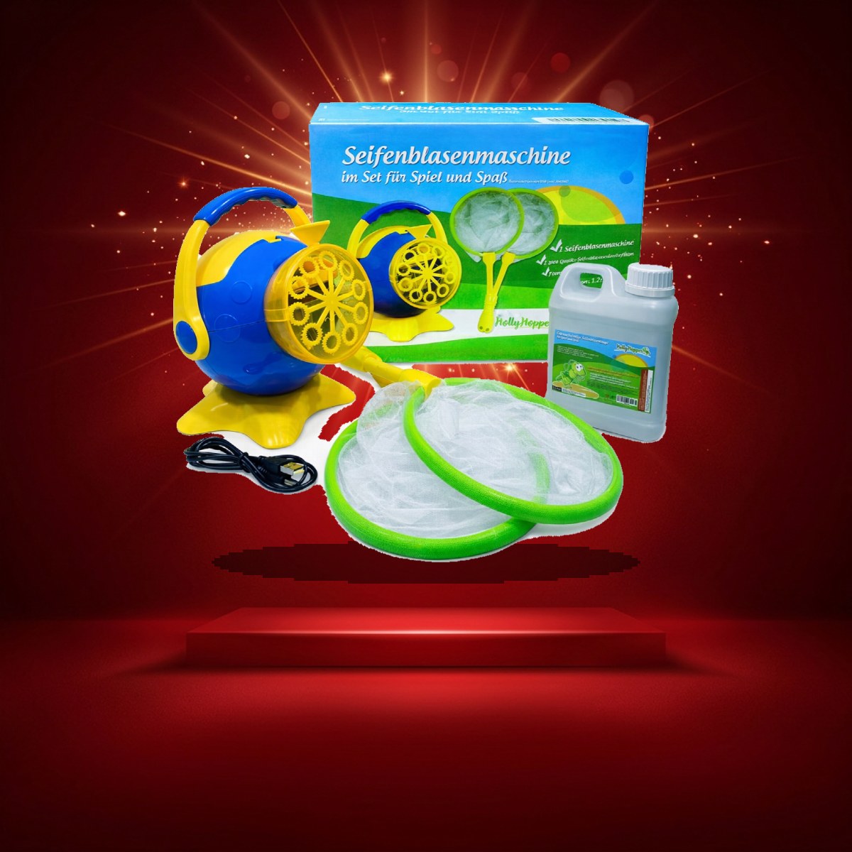 HOLLYHOPPER® Seifenblasenmaschinen Set mit 1L Qualitäts-Fluid, 2x Fang-Kescher