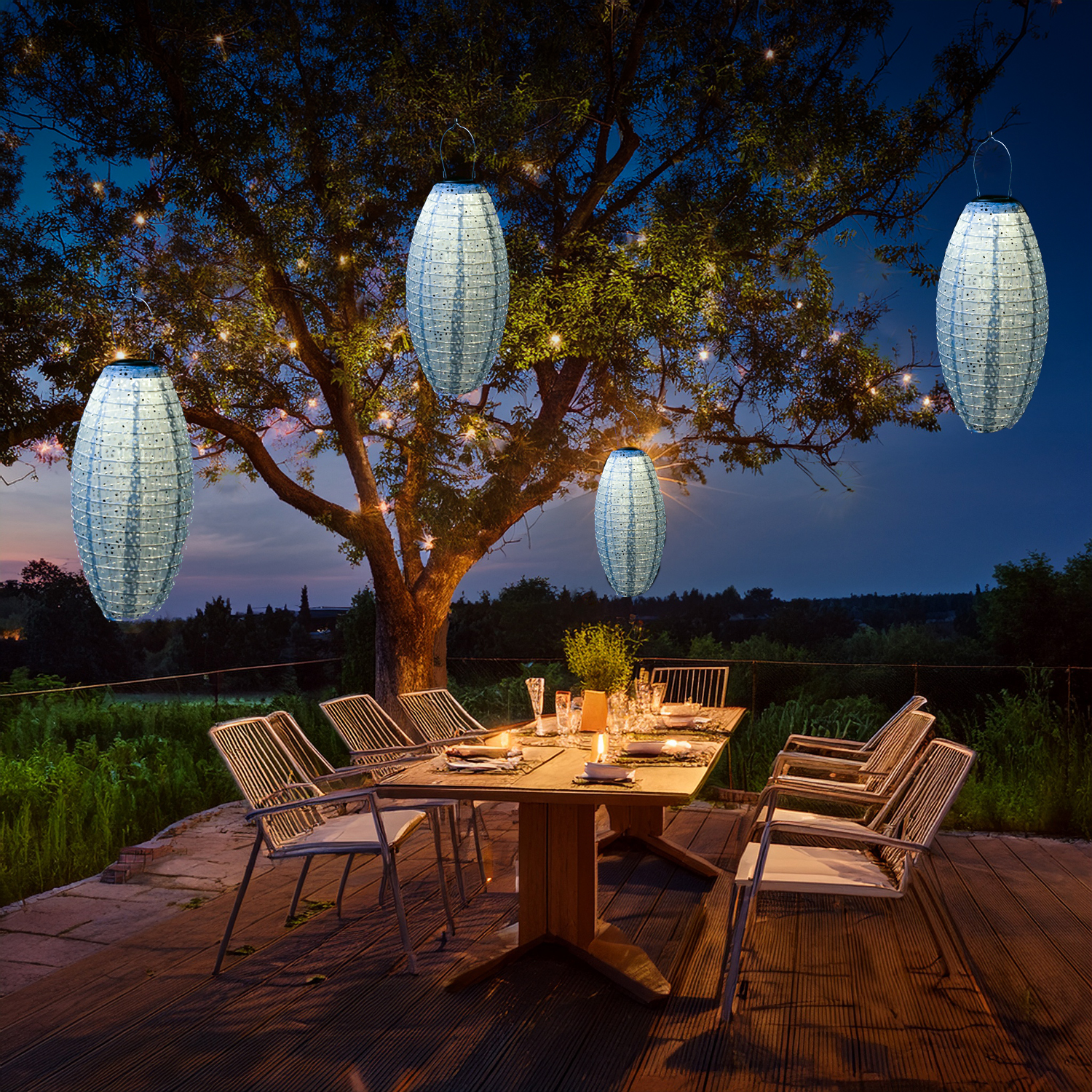 LED Solar Lampions - mit Blumenmuster - warmweiß - H: 25cm/40cm - Lichtsensor - blau - 2 Stück