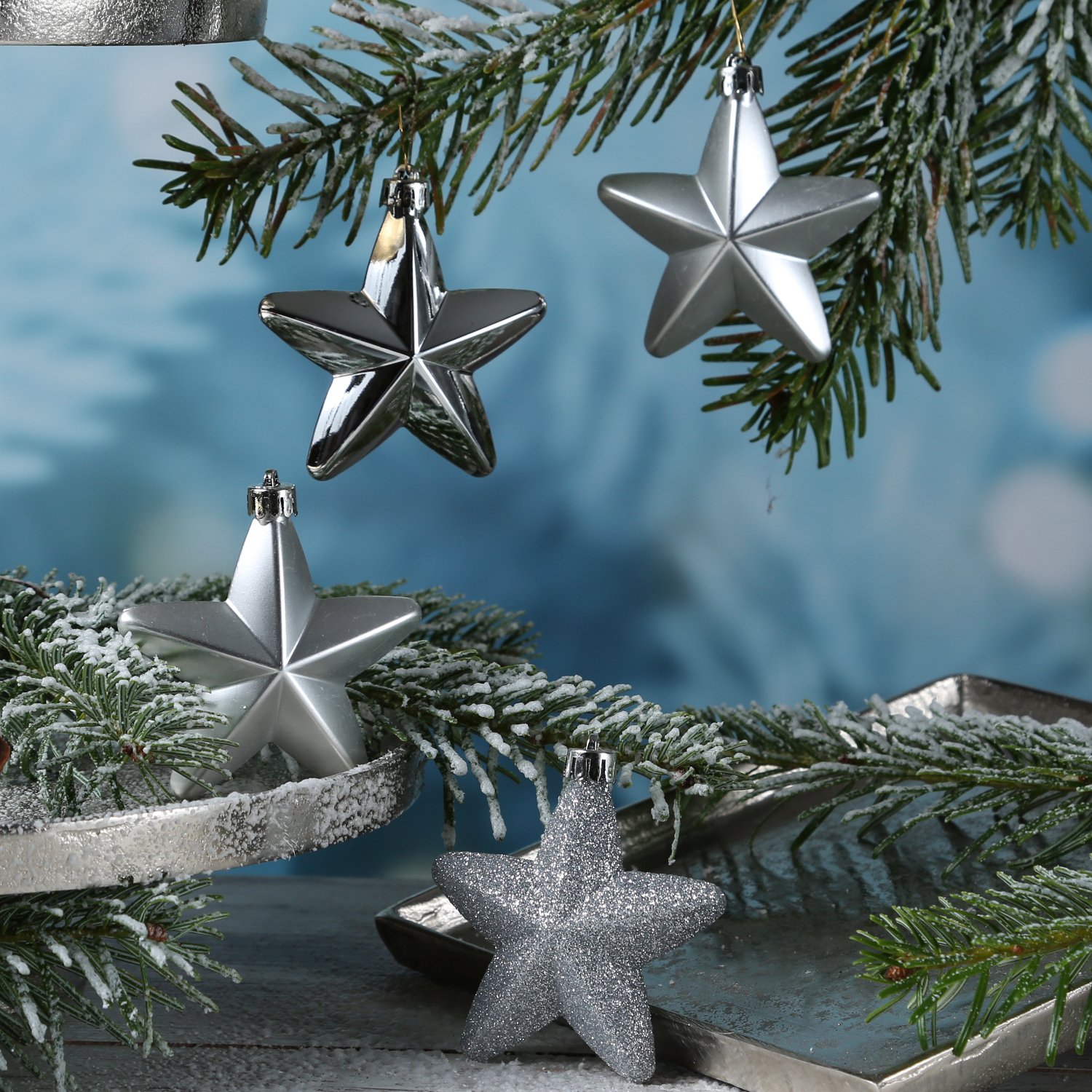 Christbaumschmuck STERN - Weihnachtsschmuck - bruchfest - glänzend matt glitzernd - silber - 6 Stk.