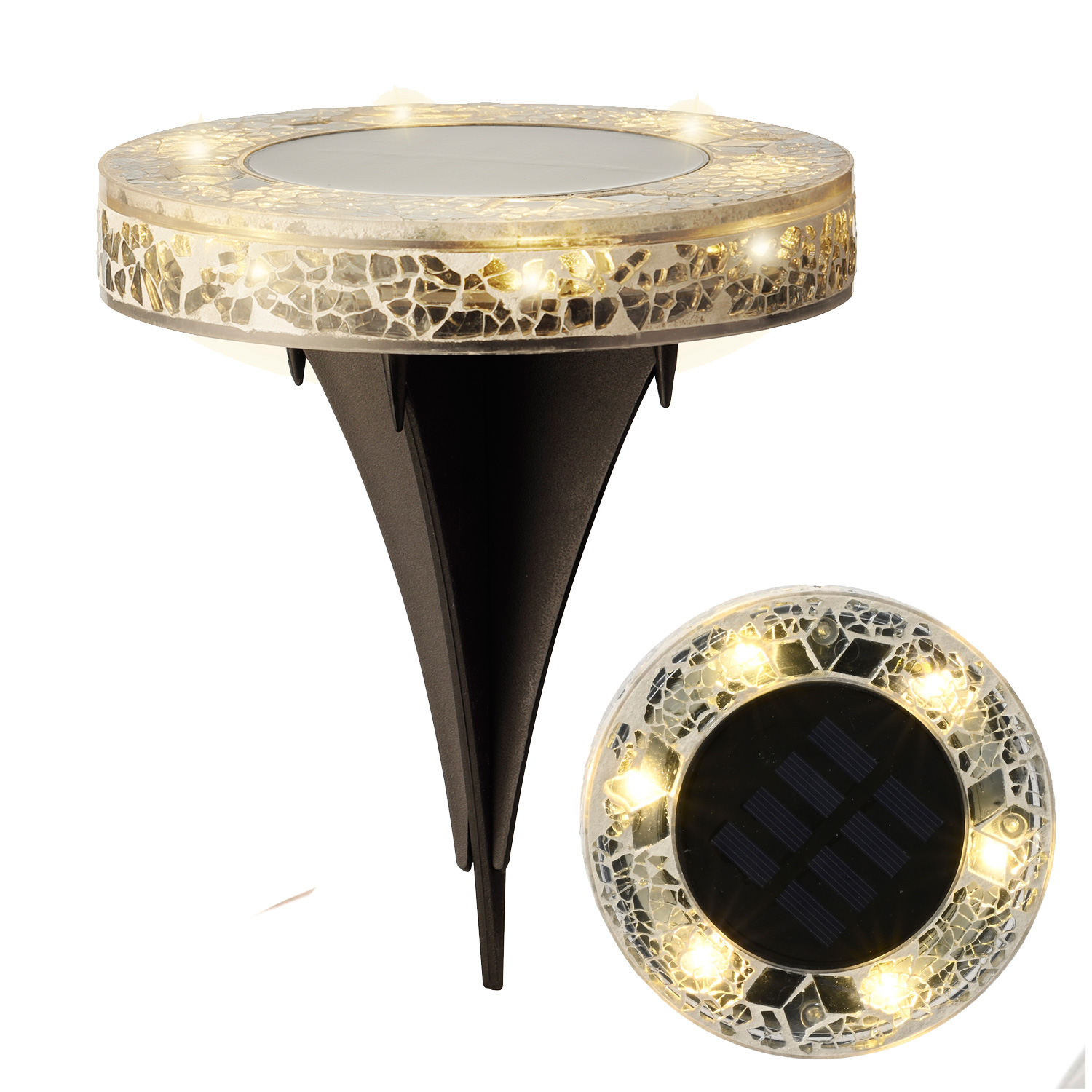 LED Solar Wegleuchte - Bodenleuchte mit Erdspieß - Mosaikoptik - D: 11,5cm - Lichtsensor - grau