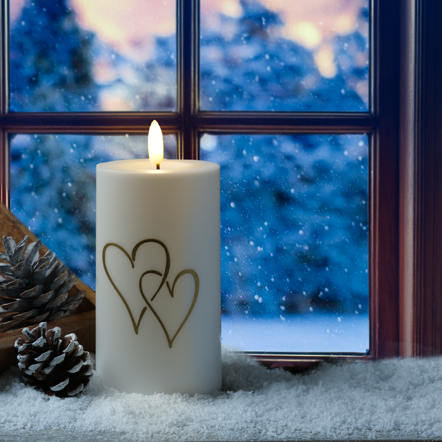LED Kerzen goldene Herzen - Kunststoff - H: 15cm - D: 7cm - Timer/Sensor - Innen/Außen - 2er Set