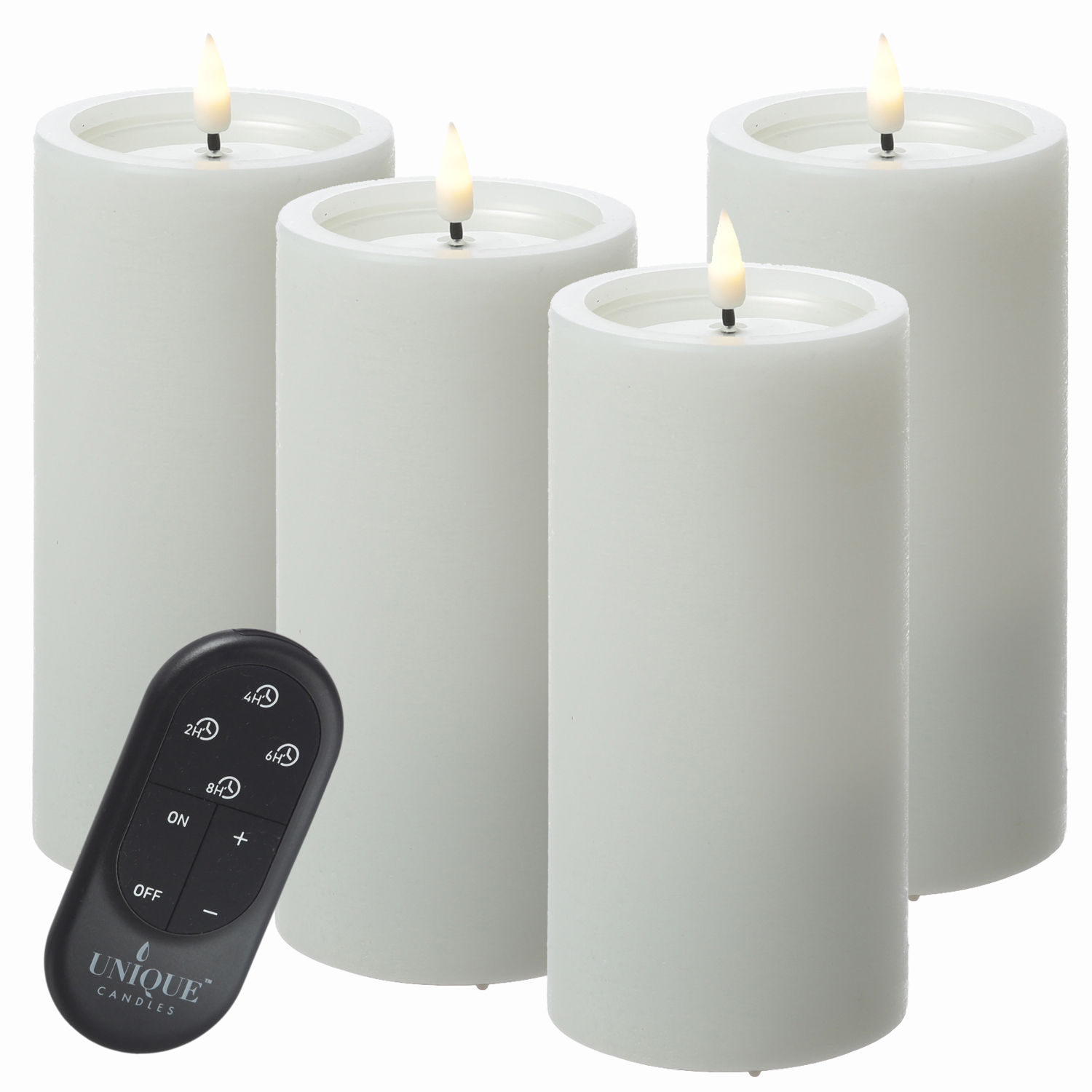 LED Kerzenset UNIQUE - Rustik-Optik - H: 15cm - mit Batterien und Fernbedienung - weiß - 4er Set
