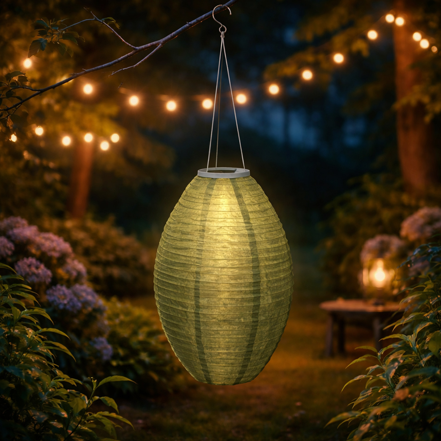 LED Solar Lampion oval - warmweiße LED - H: 33cm - D: 22cm - Lichtsensor - grün