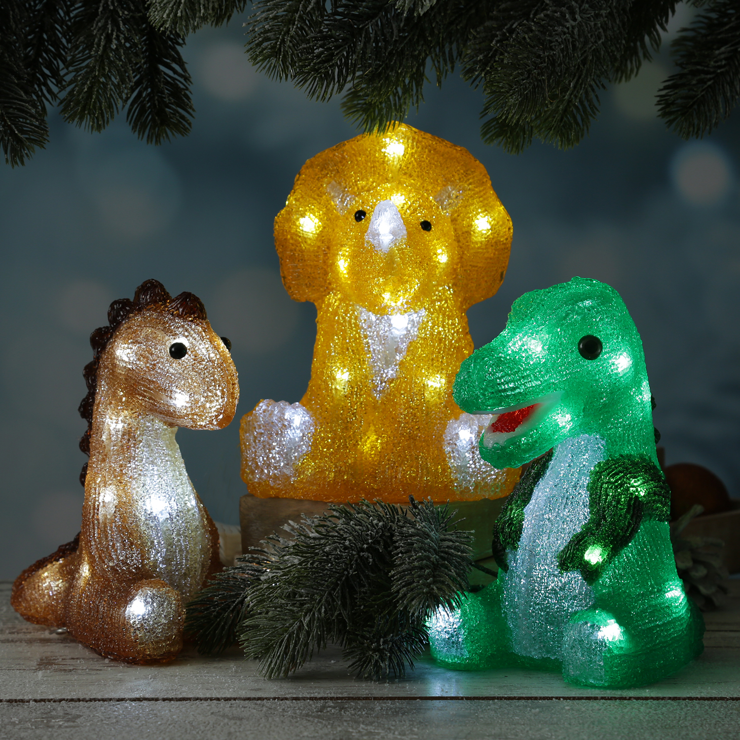 LED Dinosaurier - Acryl Tierfigur - 20 kaltweiße LED - H: 21cm - Timer - Batteriebetrieb - braun