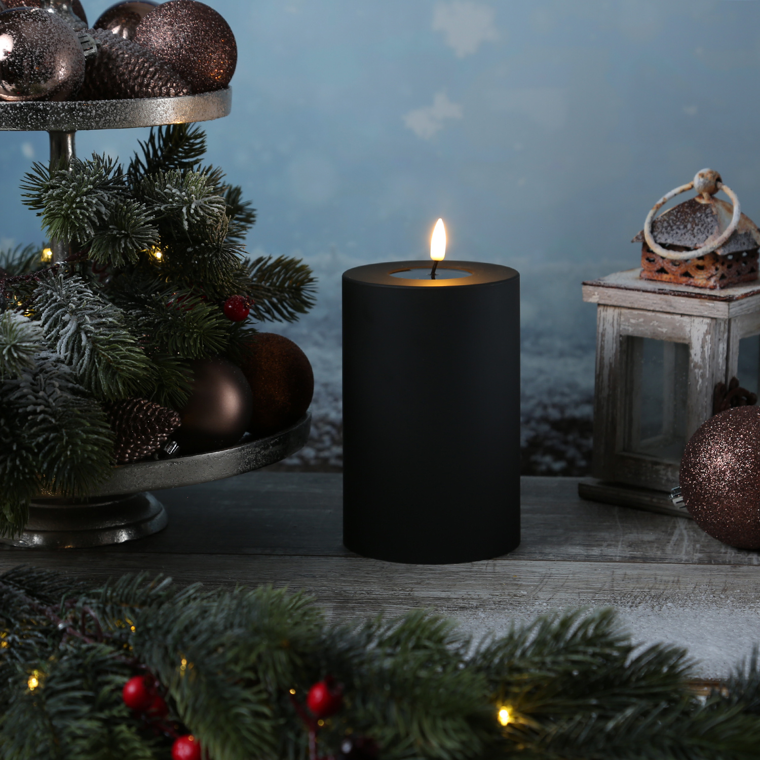 LED Stumpenkerze MIA - Kunststoff - realistische 3D Flamme - H: 15cm - f. Außen - schwarz