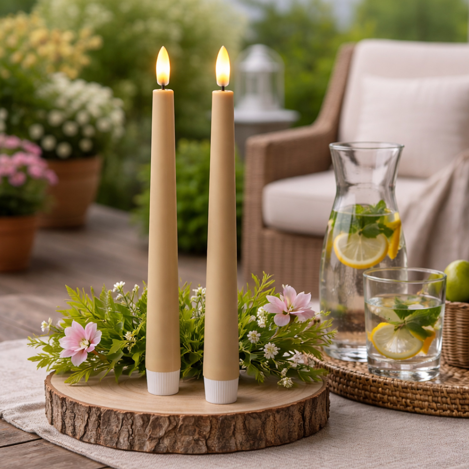 LED Stabkerzen - LED Tafelkerzen aus Kunststoff - H: 25,5cm - Timer - für Innen/Außen - creme