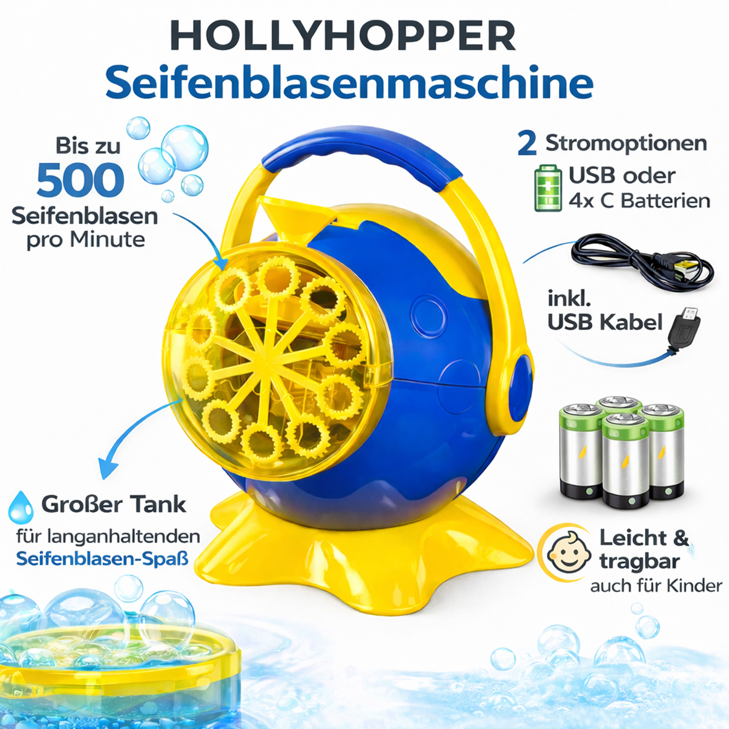 HOLLYHOPPER® Seifenblasenmaschinen Set mit 1L Qualitäts-Fluid 2x Fang-Kescher
