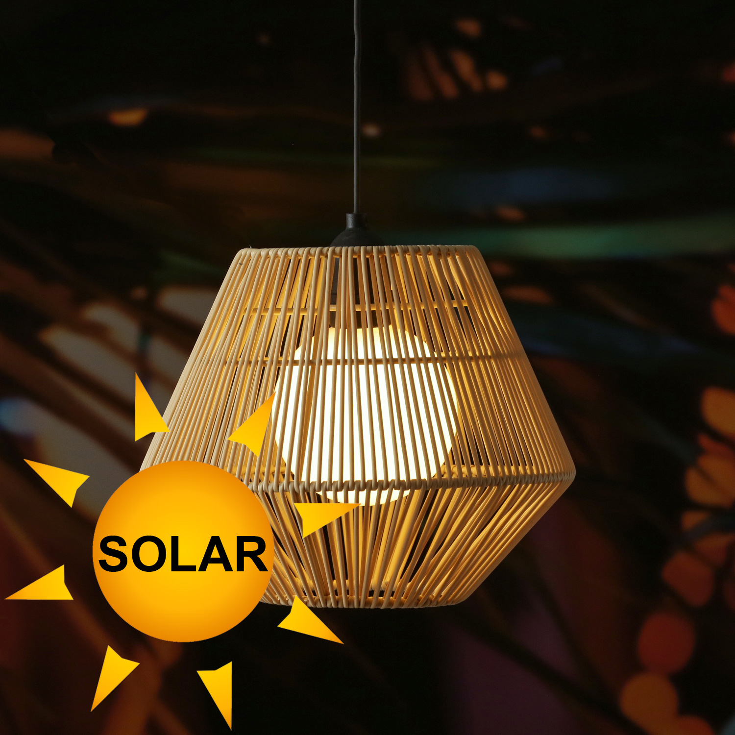 LED Solar Hängeleuchte - Korboptik - warmweiße LED - D 22-5cm - Lichtsensor - natur
