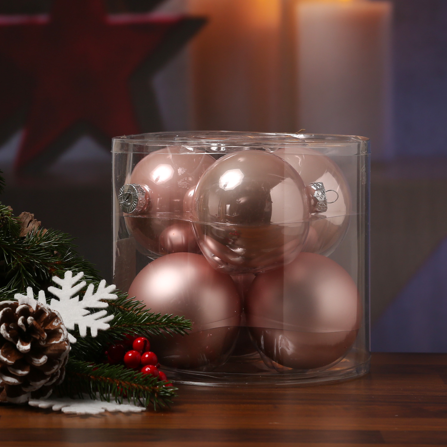 Christbaumkugel - Weihnachtsbaumkugel - Glas - D: 8cm - glänzend und matt - puderrosa - 6er Set