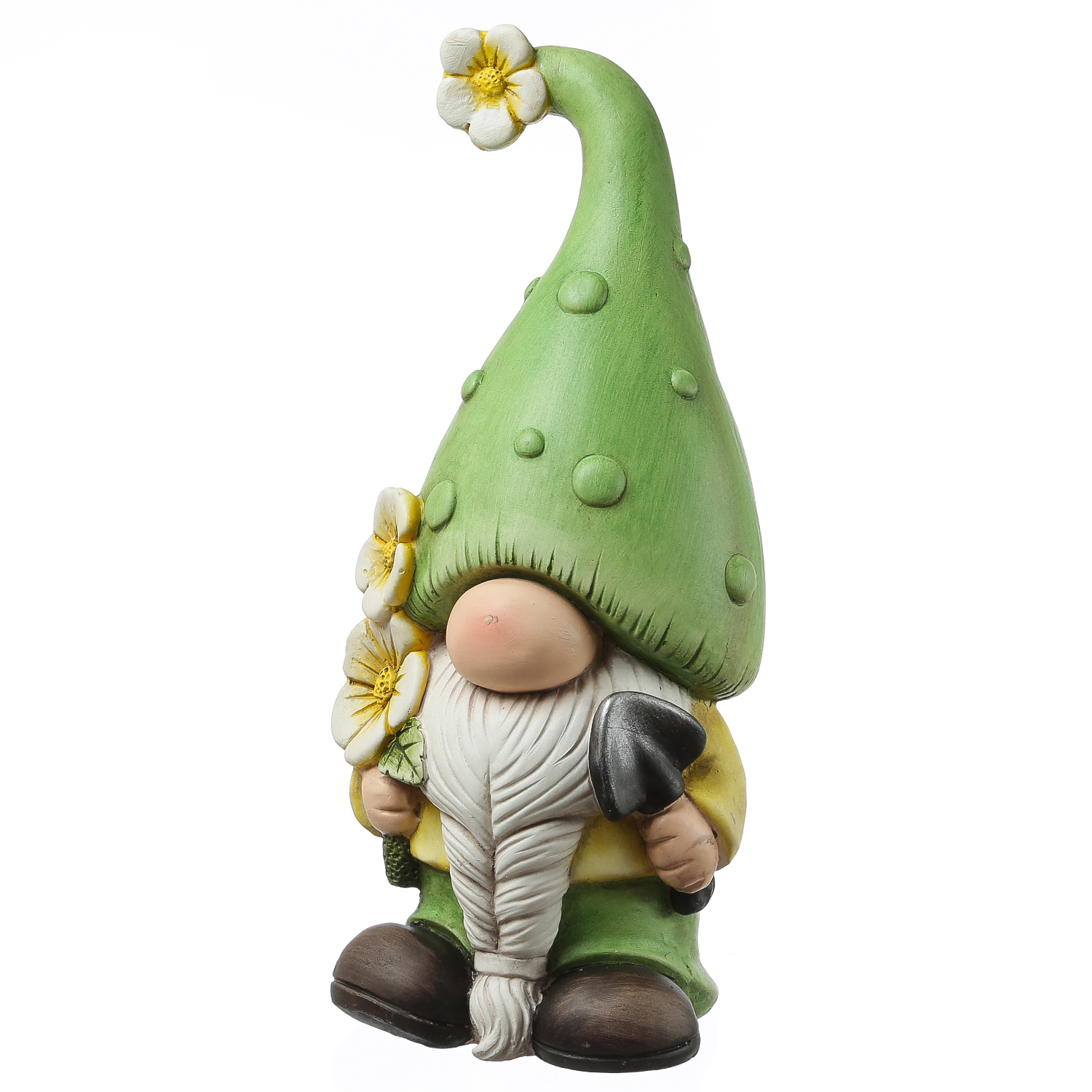 Gartenzwerg DAVID - Zwerg mit Spaten und Blumen - Gartenfigur - Polyresin - H: 45cm - grün