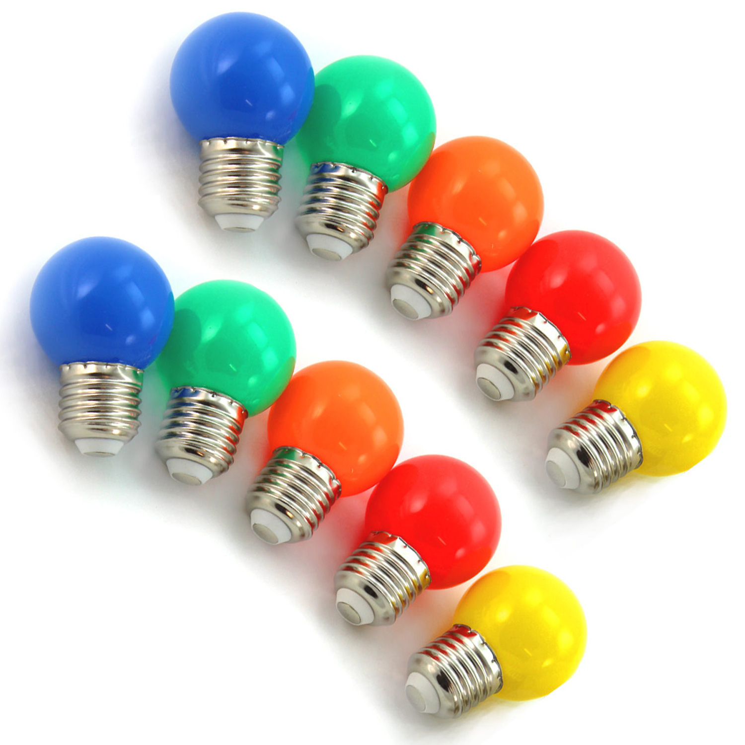 10er Set bunte LED Kugellampen (je 2x rot grün blau gelb orange) 1W-E27-G45