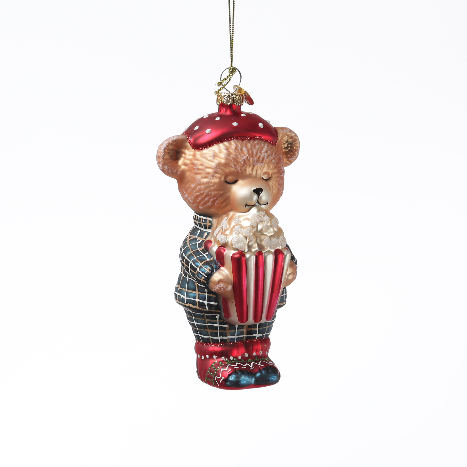 Weihnachtsbaumschmuck Bär im Schlafanzug mit Popcorn - Christbaumschmuck - Glas - H: 13cm