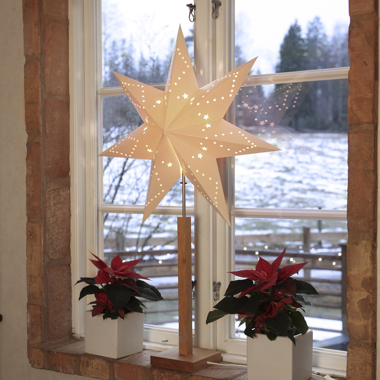 Papierstern "Karo" - stehend - 7-zackig - D: 60cm, H: 100cm - E14 Fassung - weiß