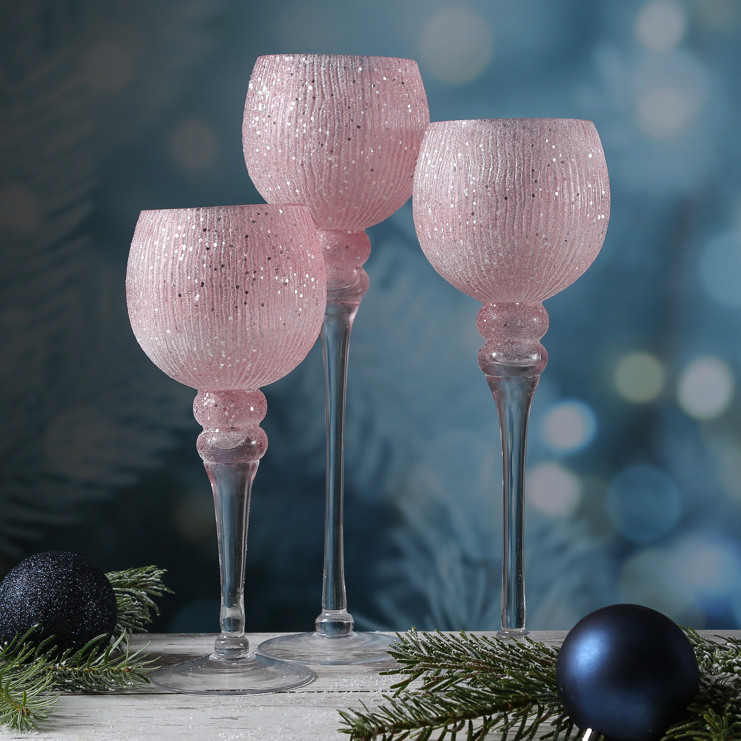 Kerzenhalter Kelch FLORENZ - Glas - H: 30cm, 34,5cm, 40cm - rosa, silber - 3er Set