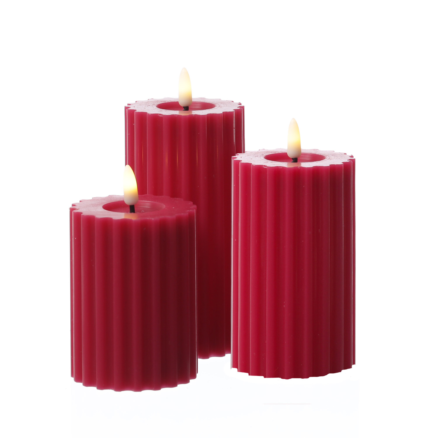 LED Kerze LIV - gerillt - Echtwachs - warmweiße 3D Flamme - H: 14,5cm - D: 7,5cm - Timer - beerenrot