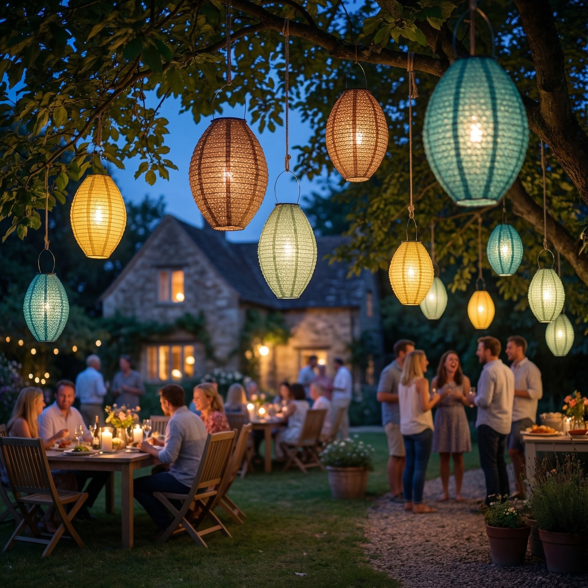 LED Solar Lampions oval - mit Blumenmuster - H: 38cm - D: 23cm - Lichtsensor - gelb - 2er Set