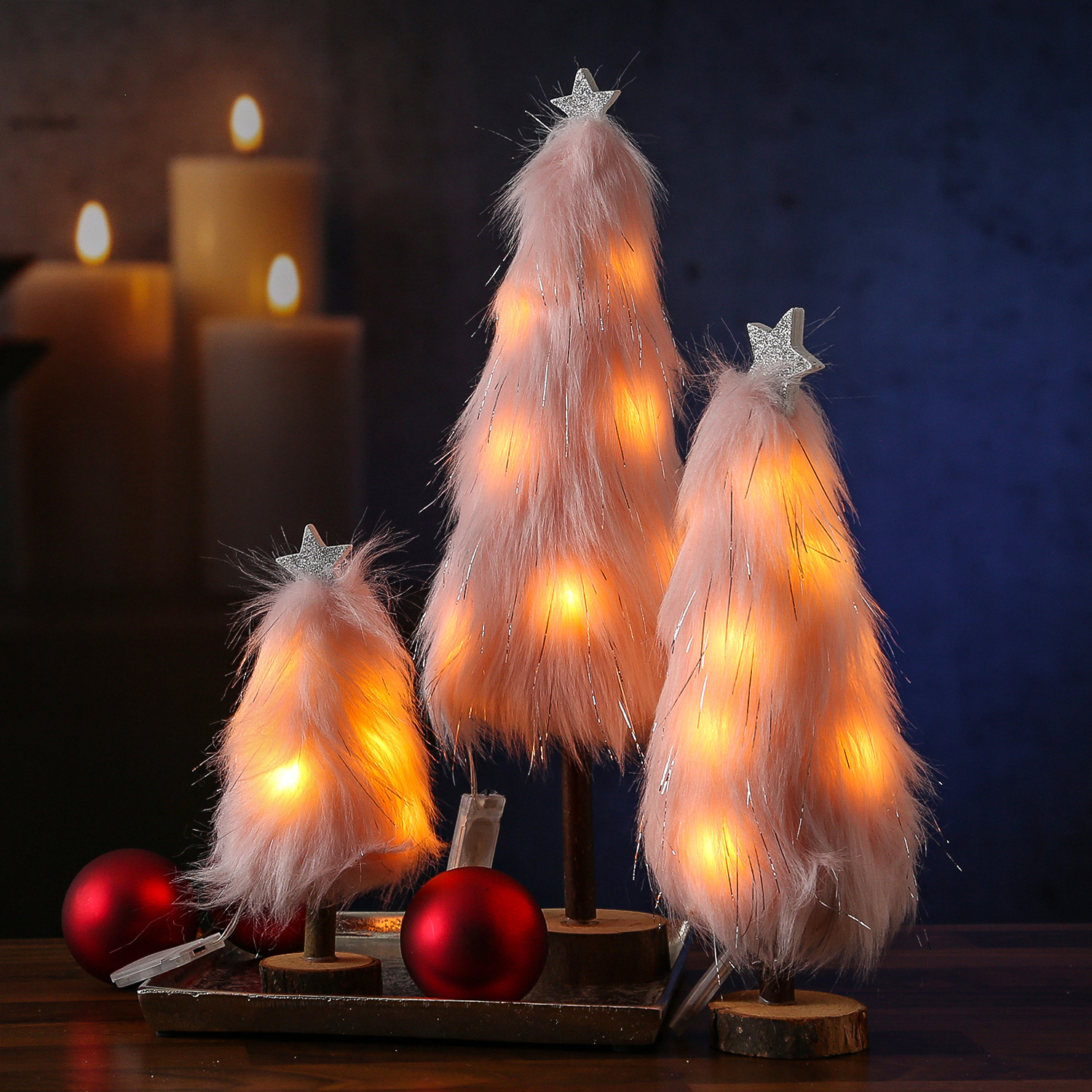 LED Dekobaum PLÜSCH - Holz - Plüschfell - warmweiße LED - Sternspitze - H: 27,5cm - Batterie - rosa
