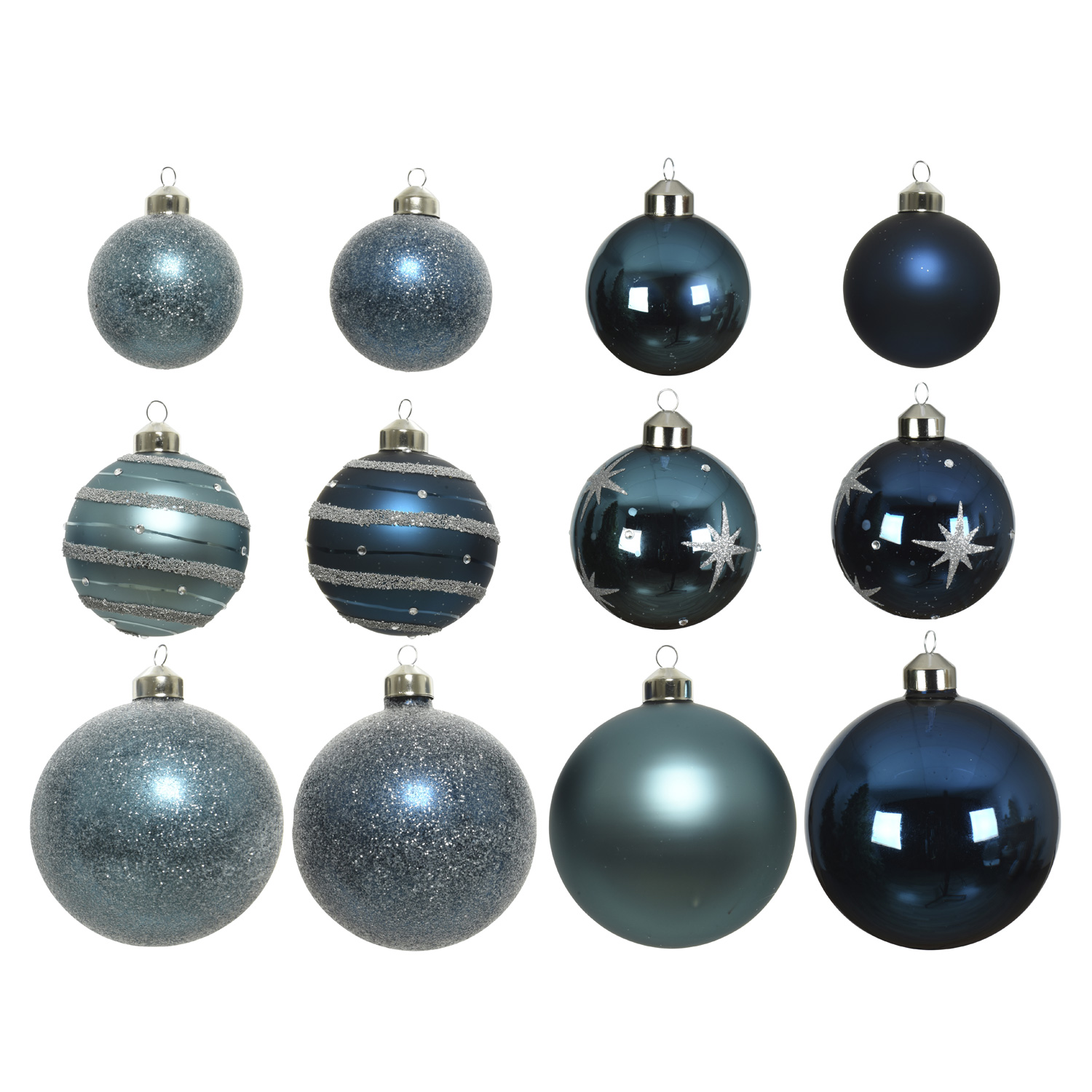 Christbaumkugel - Weihnachtsbaumkugel - Glas - 3 Größen - glänzend matt glitzernd - blau - 12er Set