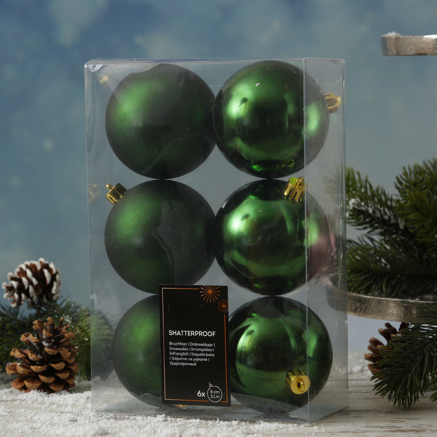 Christbaumkugeln - Weihnachtbaumskugeln - bruchfest - D: 8cm - glänzend/matt  - grün - 6er Set