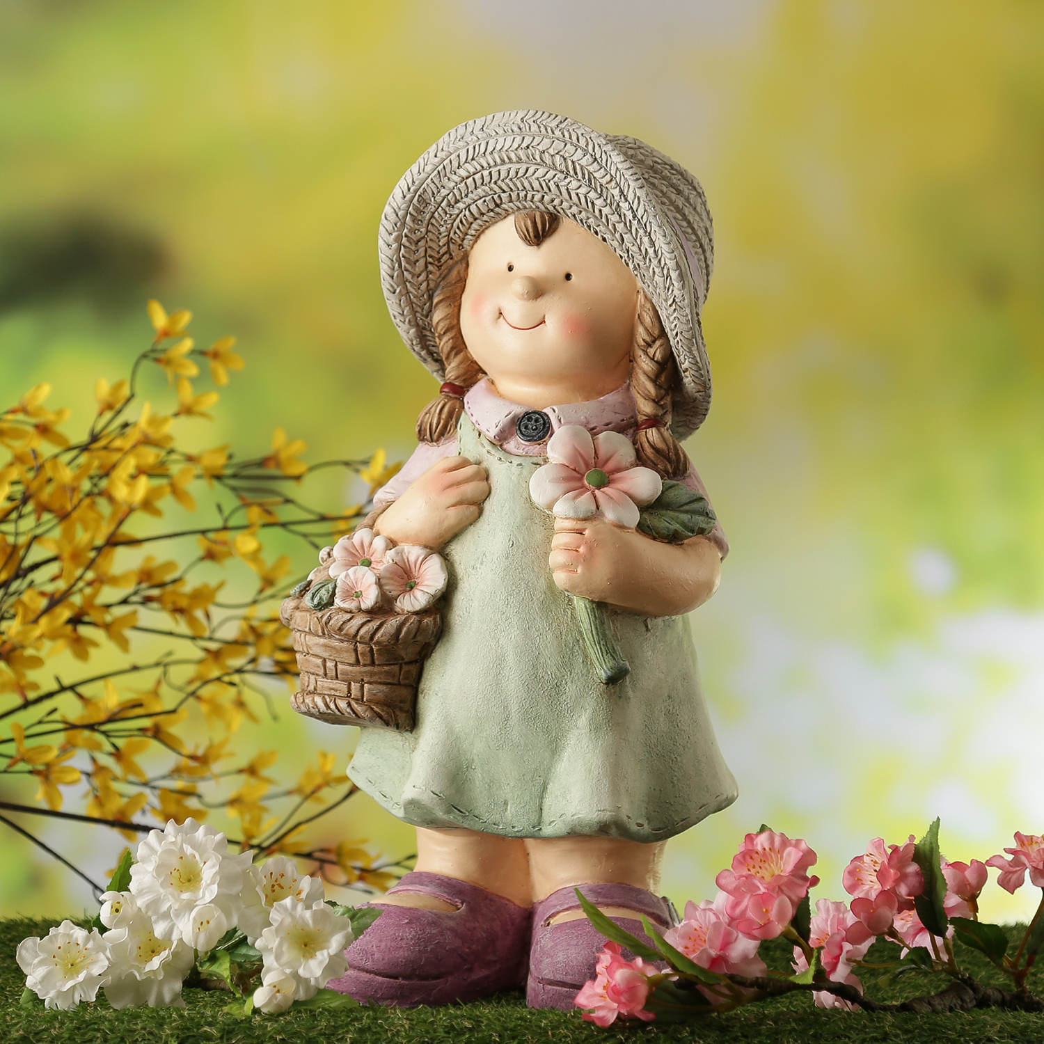 Dekofigur Klara - Mädchen mit Blumenkorb - Gartenfigur - Magnesia  - H: 39cm - bunt