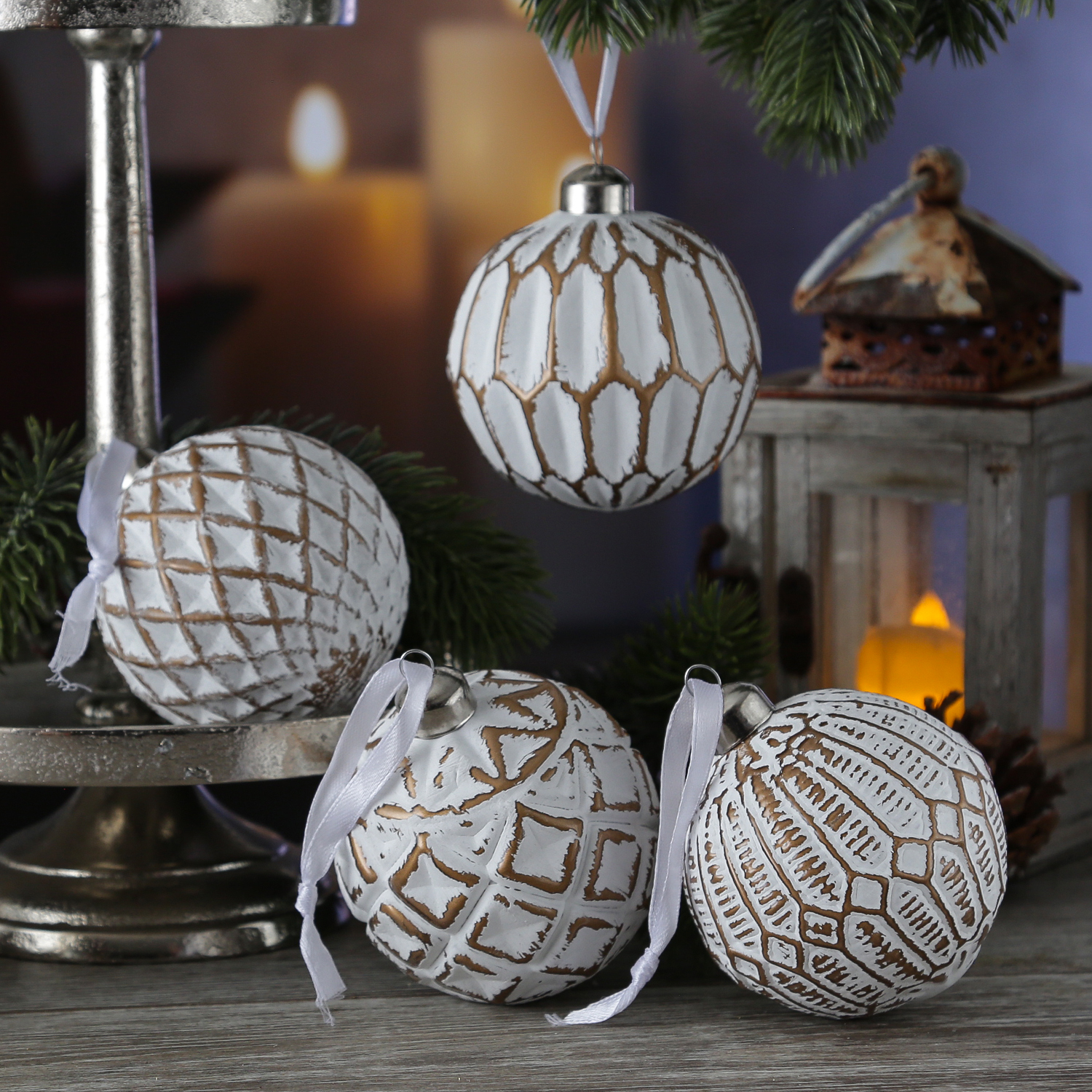 Christbaumkugel - Weihnachtsbaumkugel - Glas - D: 8cm - matt - weiß, gold - 12er Set