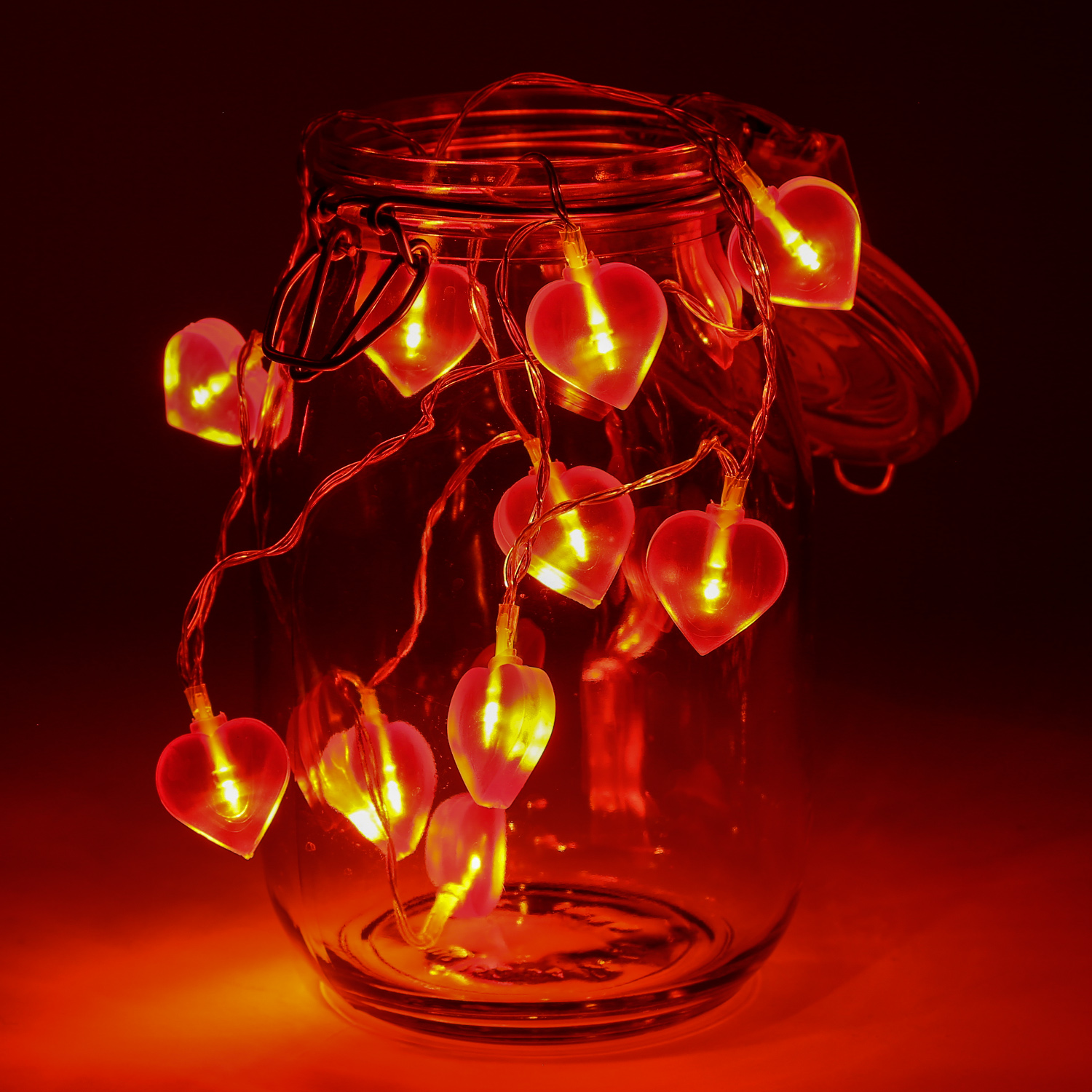 LED Lichterkette Herzen - 10 warmweiße LED - L: 90cm - Batteriebetrieb - rot