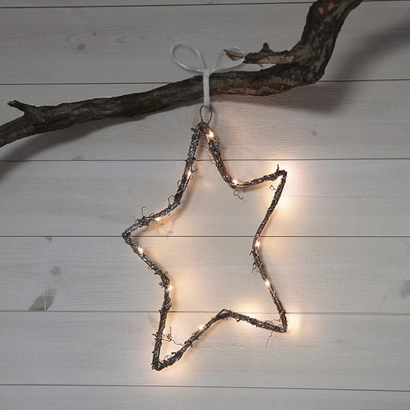 LED Dekostern "Willy" - hängend - 15 warmweiße LED - H: 37cm - Holz/Metal - Batteriebetrieb - braun