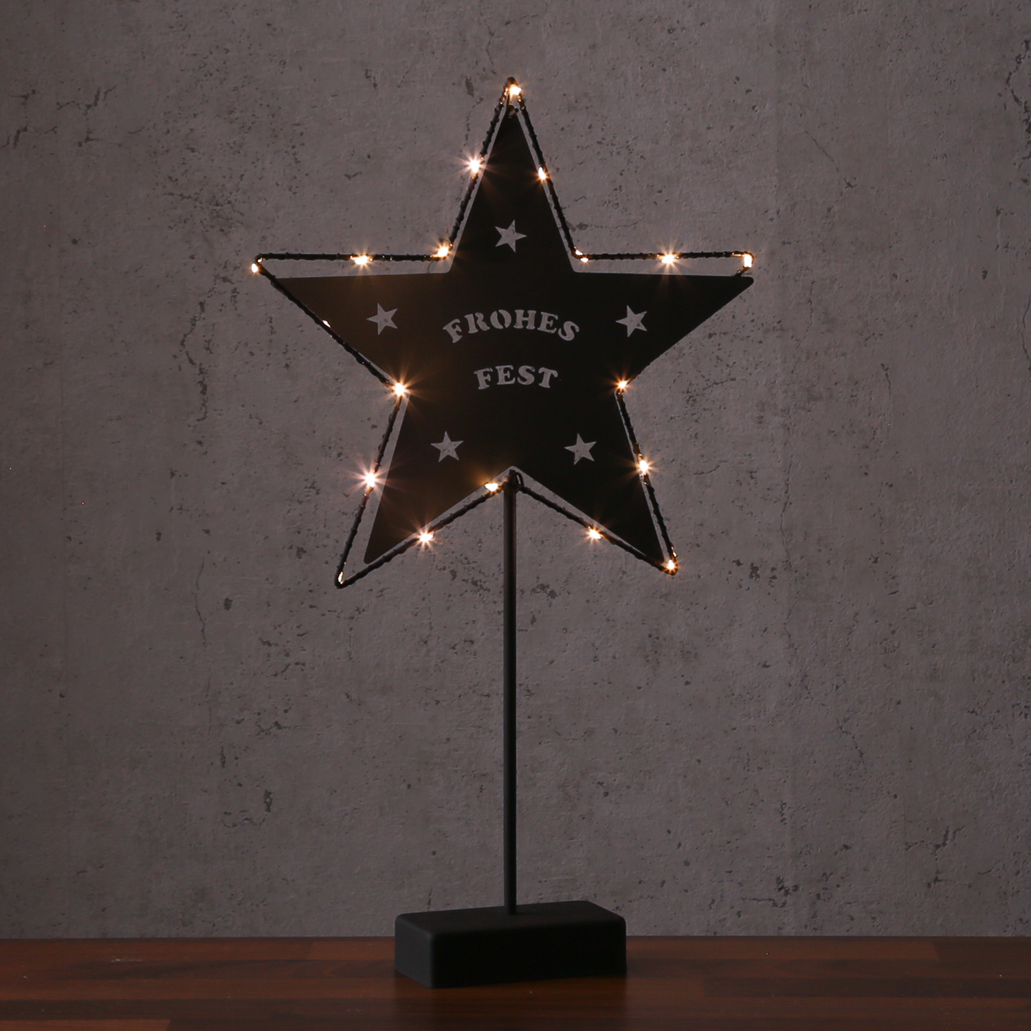 LED Stern FROHES FEST - Metallstern - stehend - 5zackig - H: 45cm - 20 LED - Batterie - schwarz