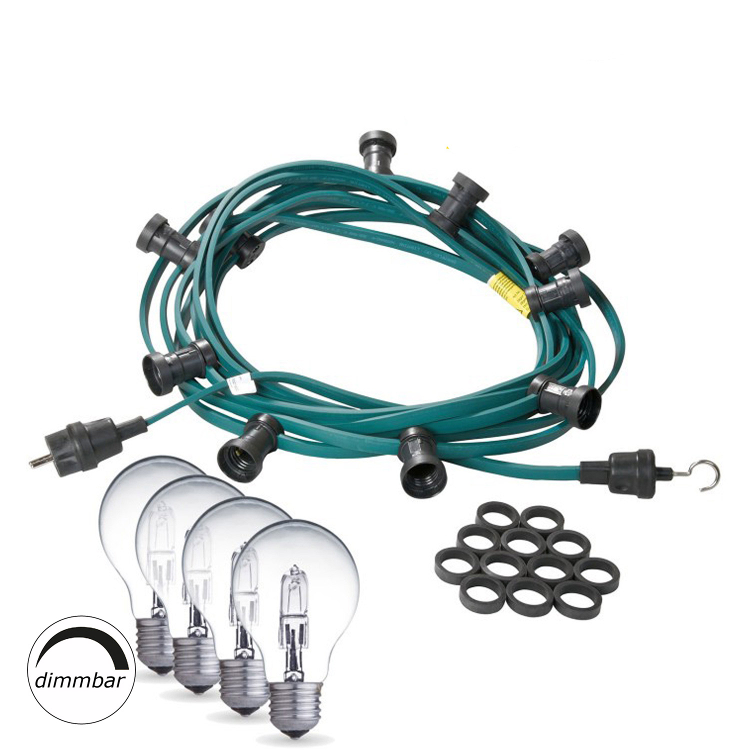Illu-/Partylichterkette 50m - Außenlichterkette grün - Made in Germany- 50 weiße Halogenlampen (28W)