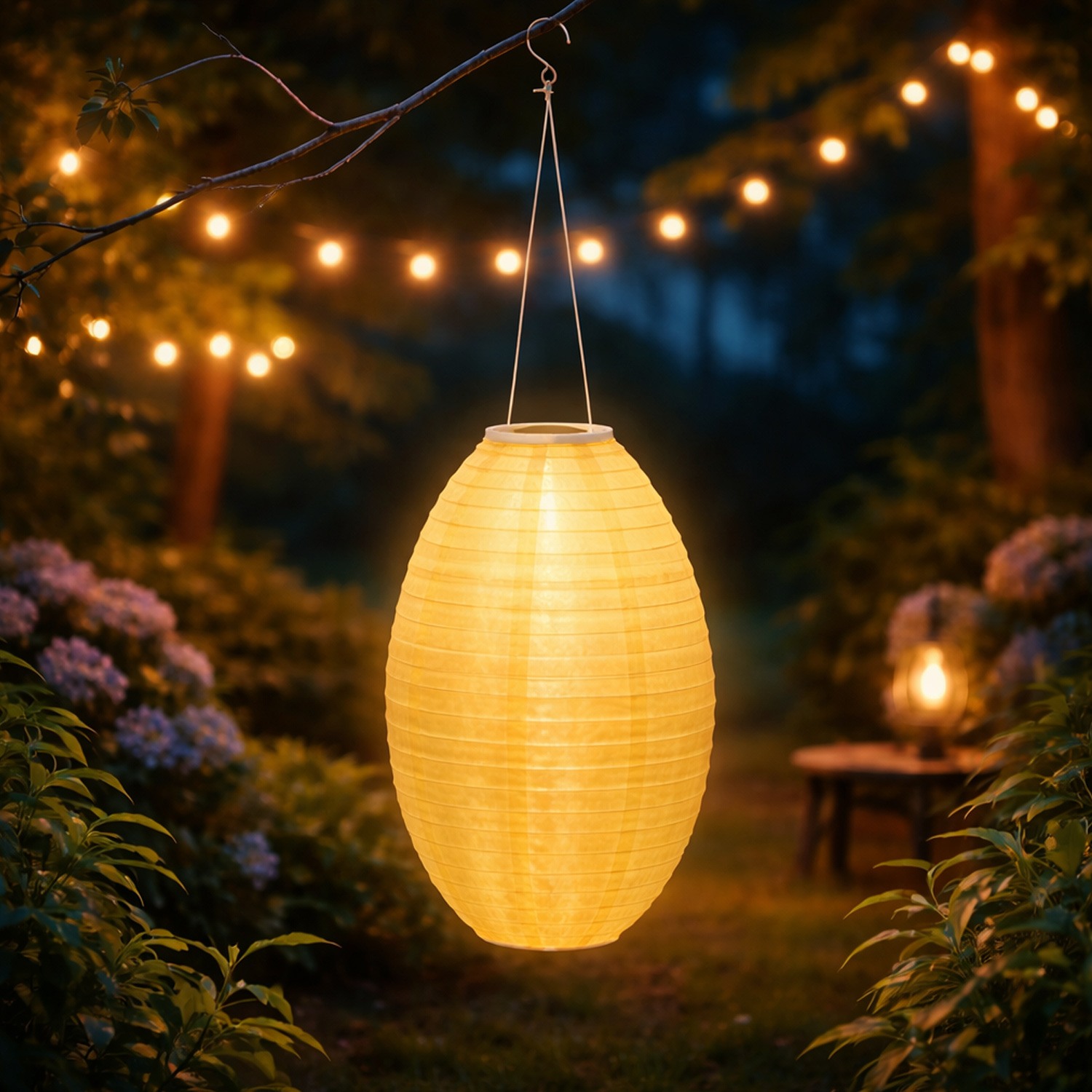 LED Solar Lampion oval - warmweiße LED - H: 33cm - D: 22cm - Lichtsensor - gelb