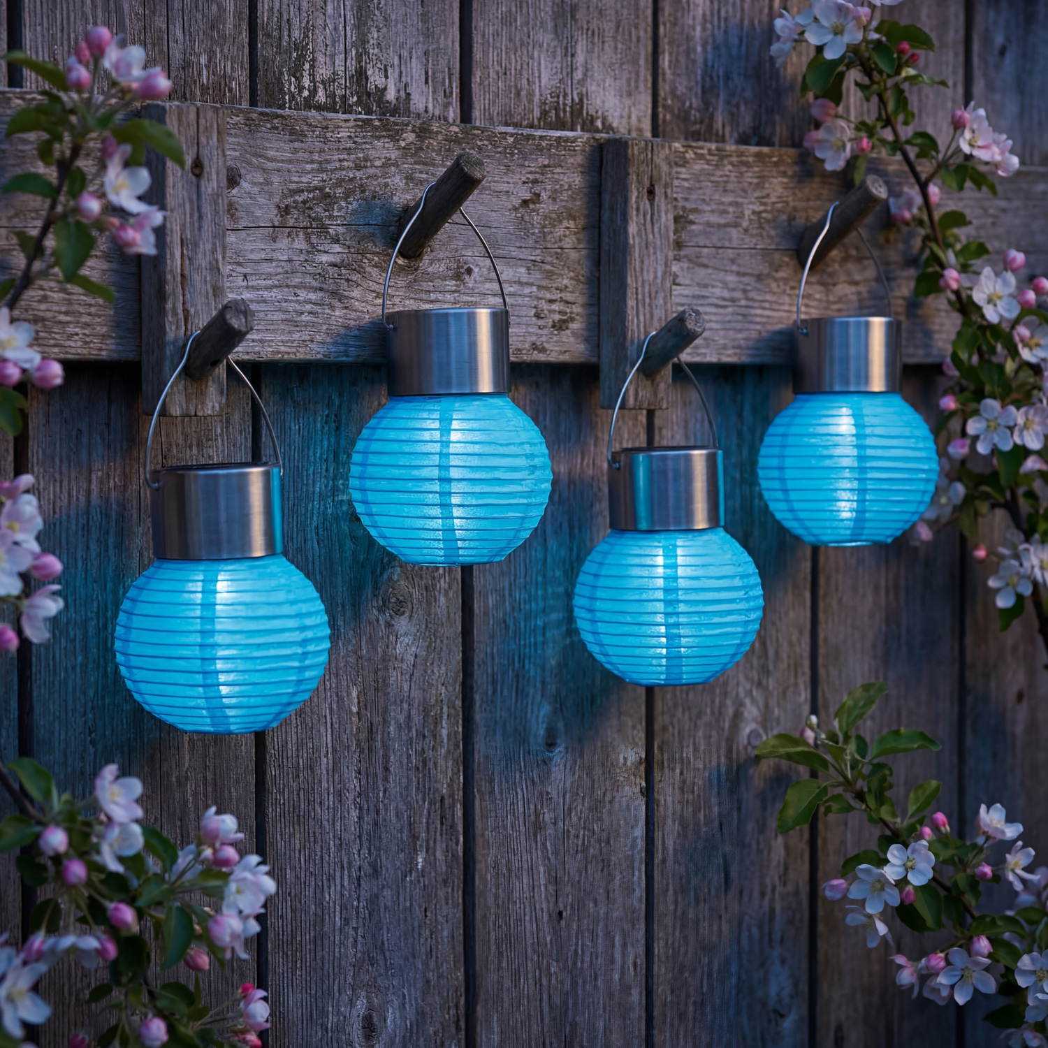 LED Solar Mini Lampions - kaltweiße LED - H: 9,5cm - D: 7cm - Lichtsensor - blau - 4er Set